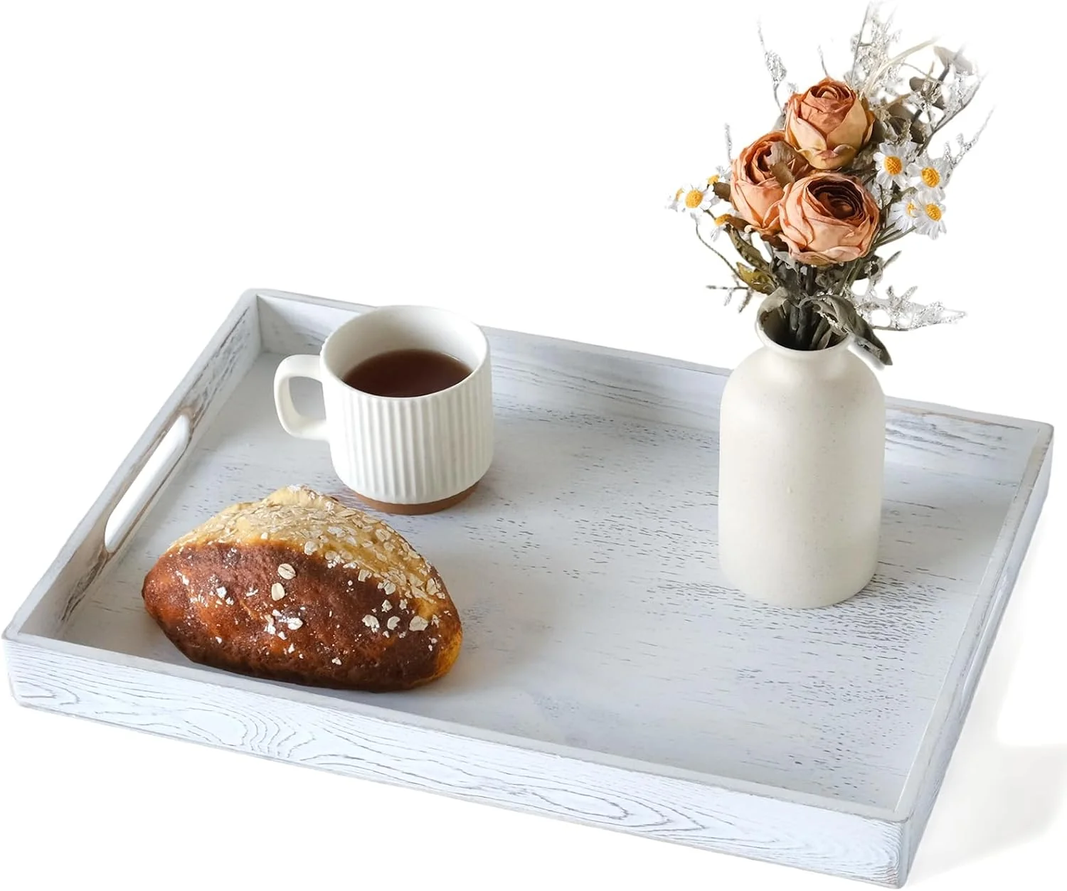 Verified S310 Rustic White Wood Serving Tray with Handles 17 Inch Wooden Tray for Ottoman Breakfast Lunch Dinner Advanced