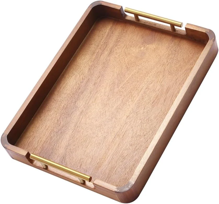 High-End Acacia Wood Serving Tray with Handles 17×13 Inch Ottoman Tray for Coffee Table Candle Display Breakfast in Bed Unique