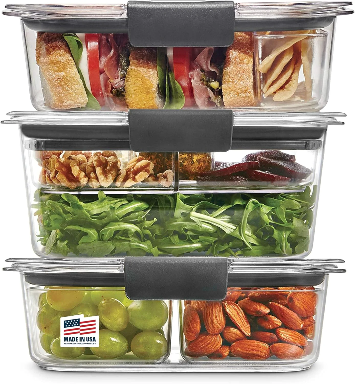 Traditional Rubbermaid Brilliance BPA- 3 Set Food Storage Containers with Lids Removable Trays Airtight Leak-Proof I for Meal Prep Lunch Powerful