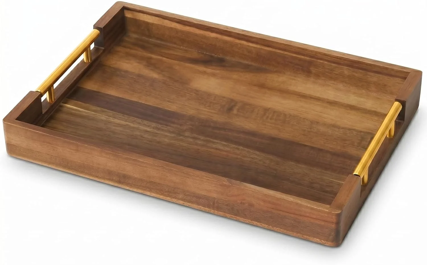 Refined Acacia Wood Serving Tray with Golden Handles 17 Wooden Tray for Ottoman Large Wooden Tray for Ottoman Coffee Table Breakfast in Bed Bar Rectangular Decorative Tray for Modern Farmhouse Decor Healthy