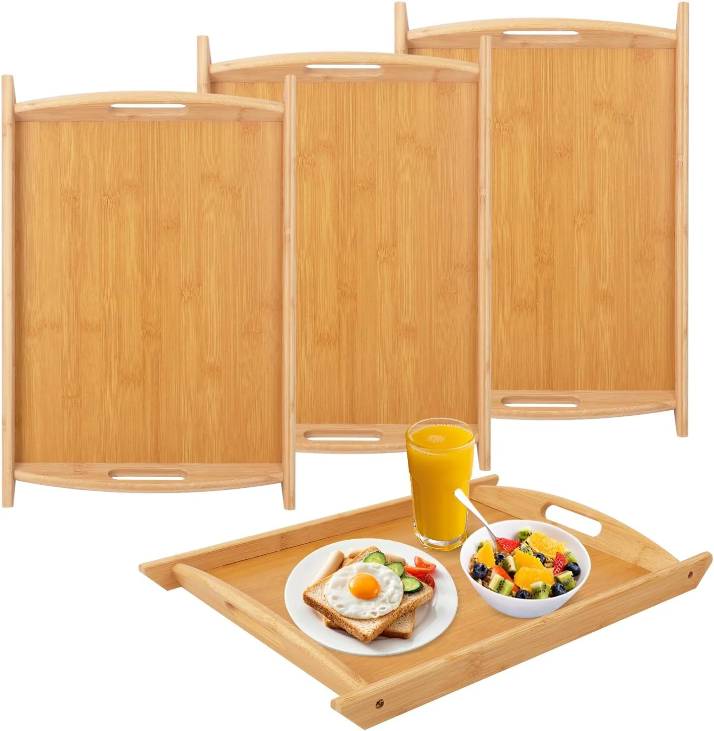 Comfortable 4 Pack 17.3 Inch Large Bamboo Serving Tray with Handle Decorative Bamboo Breakfast Tray for Breakfast Kitchen Outdoor Picnic Snack 17.3 x 12 x 1.2 Inch High-End