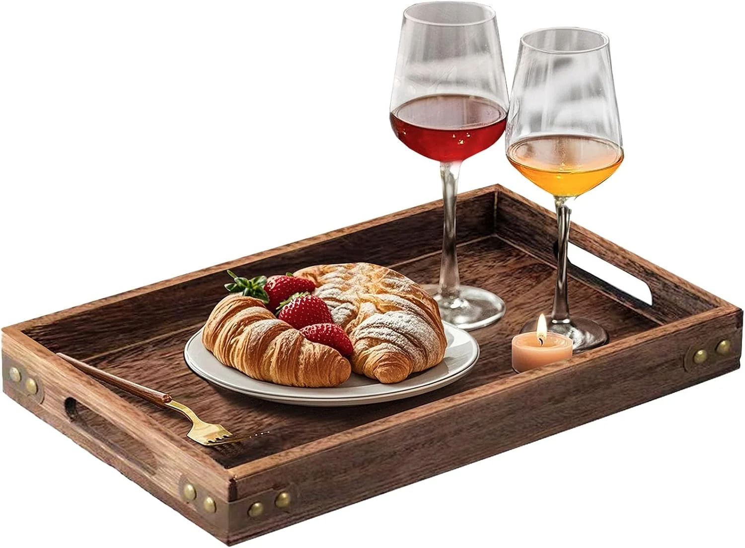 Modern Wood Serving Tray with Handles for Breakfast in Bed Coffee Table 15.8 x 11 Inches Rectangular Pine Wood Decorative Tray Ottoman Decorative Trays Platter for Living Room Bar Party Refined