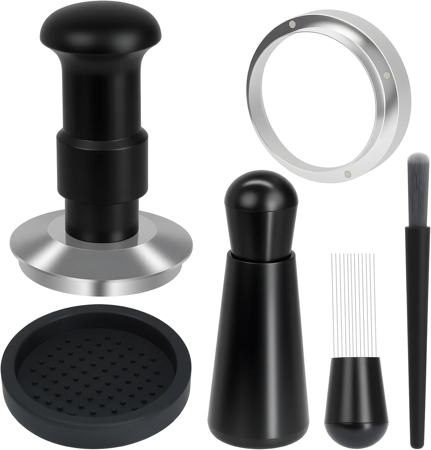 High-End 51mm Espresso Tamper Set 5-IN-1 Espresso Accessories Kit with Coffee Tamper WDT Tool Dosing Funnel Non-slip Mat and Cleaning Brush Smooth