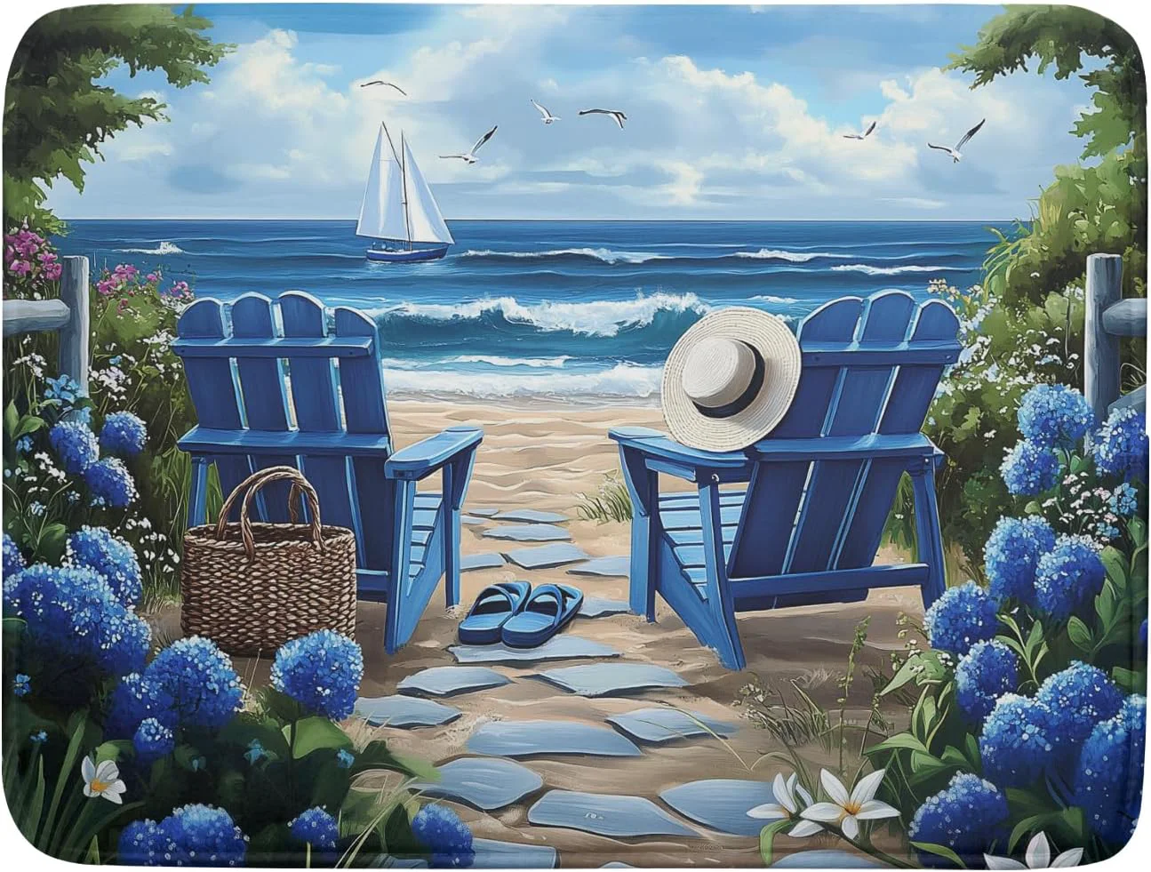 Crafted Summer Beach Chairs Dish Drying Mat Sea Wave Blue Floral Drying Mat fo Kitchen Counter 16 x18 Absorbent Reversible Kitchen Mat Non-Slip Ocean Themed Advanced