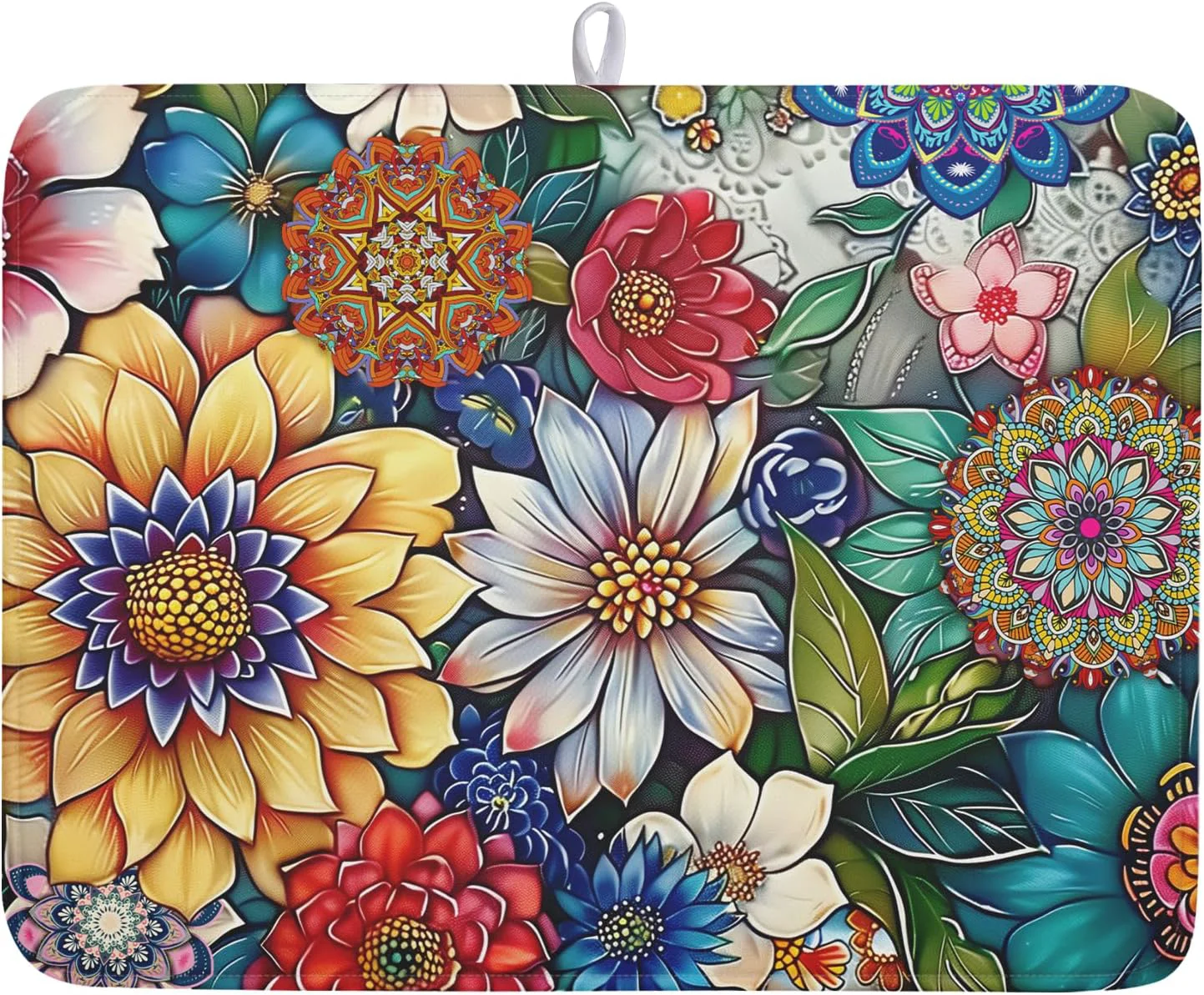 Breathable Boho Floral Dish Drying Mat for Kitchen Counter 18×24 Inch Super Absorbent Microfiber Kitchen Drying Mat Bohemian Flower Dish Drainer Rack Mat Reusable Washable Dish Drying Pad for Kitchen Coffee Bar Authentic