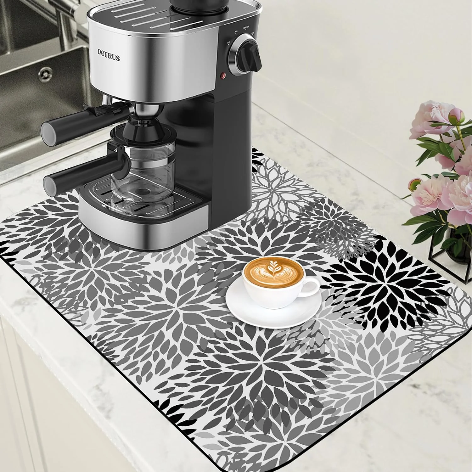 Advanced Dish Drying Mat Black and White Chrysanthemum Flower Coffee Bar Absorbent Rubber Backed Hide Stain Dish Drainer Rack Coffee Maker Pot Dining Room Decoration 15.7 x 23.6 Inch Relaxed