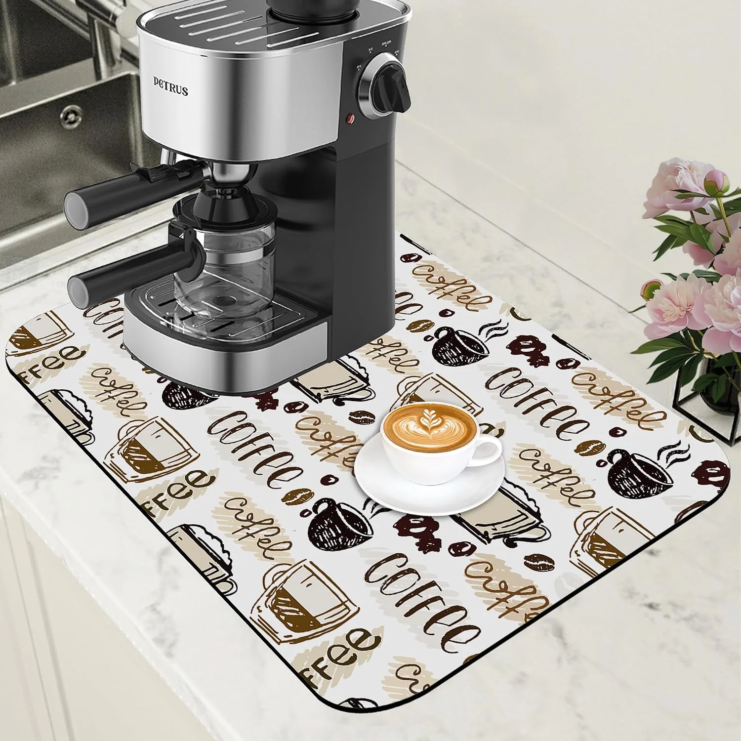 Innovative Coffee Cute Doodle Dish Drying Mat for Kitchen Counter Coffee Bar Mat Hide Stain Absorbent Rubber Backed Drying Rack Pad Fit Espresso Machine Table Accessories 11.8 x 19.7 Inch Breathable