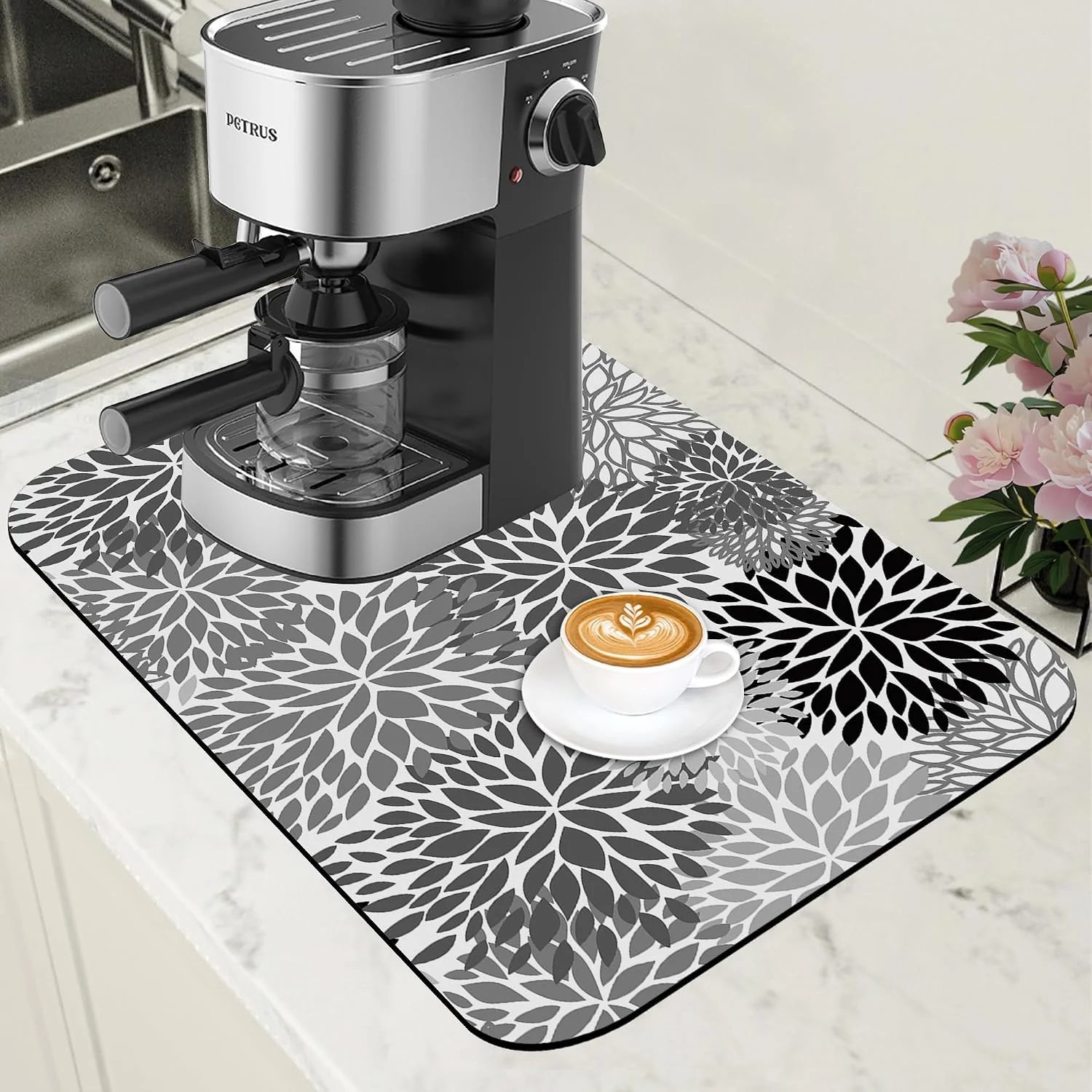 High-Quality Dish Drying Mat Black and White Chrysanthemum Flower Coffee Bar Mat Absorbent Coffee Mat Rubber Backed Hide Stain Dish Drainer Rack Mat Coffee Maker Coffee Pot Dining Room Decoration 11.8 x 19.7 Inch Functional