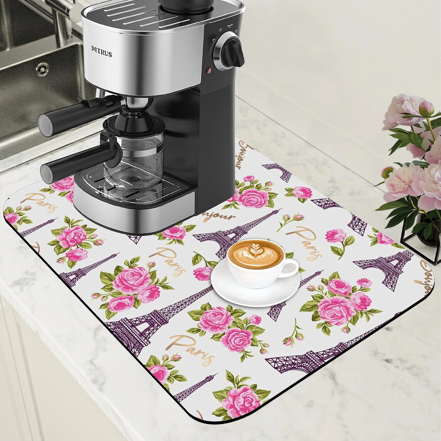 Detailed Eiffel Tower with Pink Rose Coffee Mat Absorbent Dish Drying Mat for Kitchen Counter Hide Stain Rubber Backed Coffee Bar Accessories Fit Under Espresso Machine Dish Drainer 11.8 x 19.7 Inch Fine Crafted