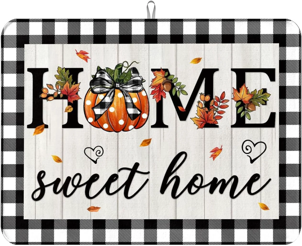 Original Design Autumn Fall Drying Mat Kitchen Countertop Pumpkin Black And White Check sweet Home 18 X 24 Inch Kitchen Coffee Bar Decoration Absorbent Drying Mat Eco-Friendly