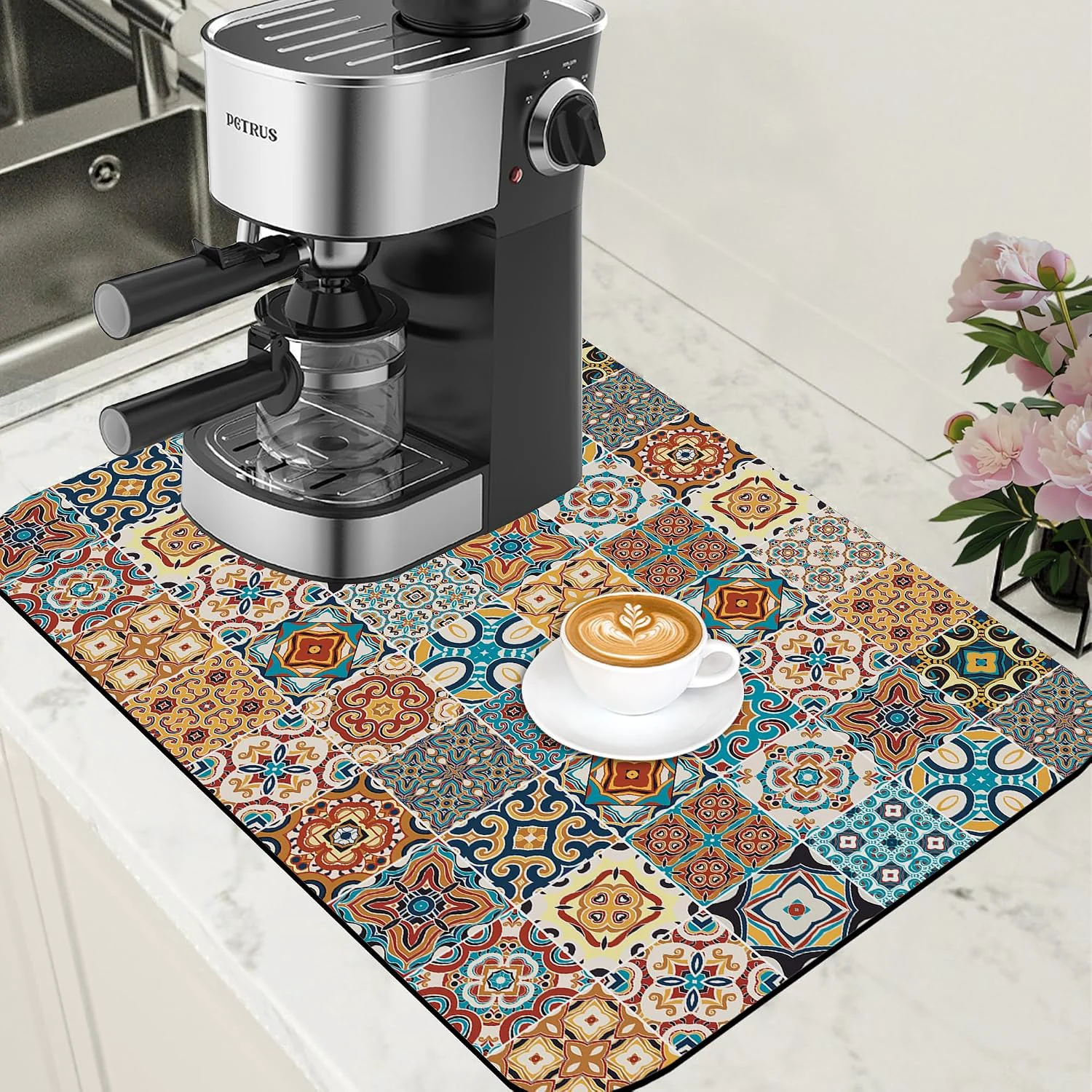 Natural Dish Drying Mat Multicolor Portuguese Tiles Coffee Bar Mat for Countertop Absorbent Rubber Backed Hide Stain Dish Drainer Rack Pad Coffee Maker Espresso Machine Dining Room Decor 15.7 x 23.6 Inch Casual
