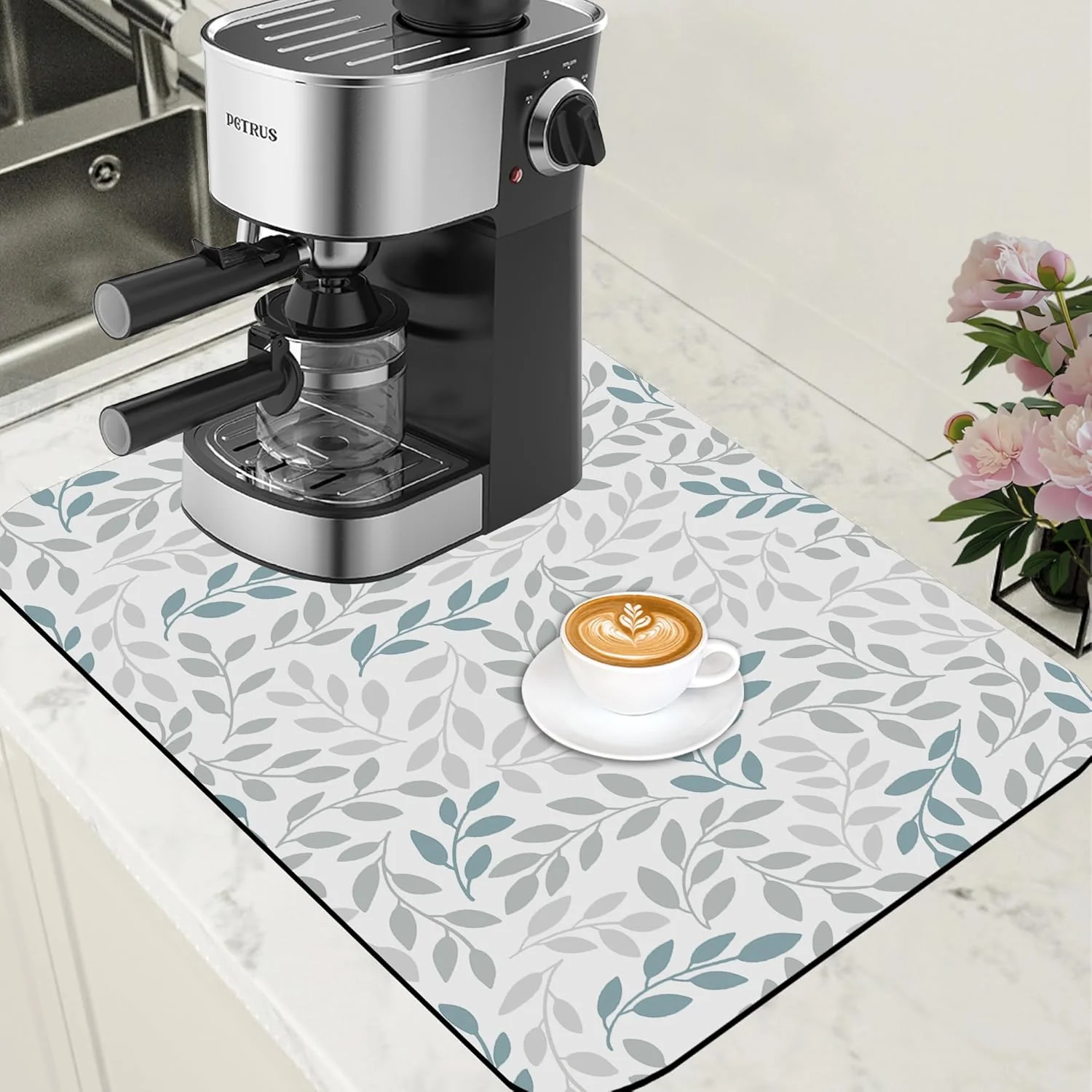 High-End Grey and Blue Leaves Branches Dish Drying Mat for Kitchen Counter Bar Mat Hide Stain Absorbent Rubber Backed 15.7 x 23.6 Inch Classic