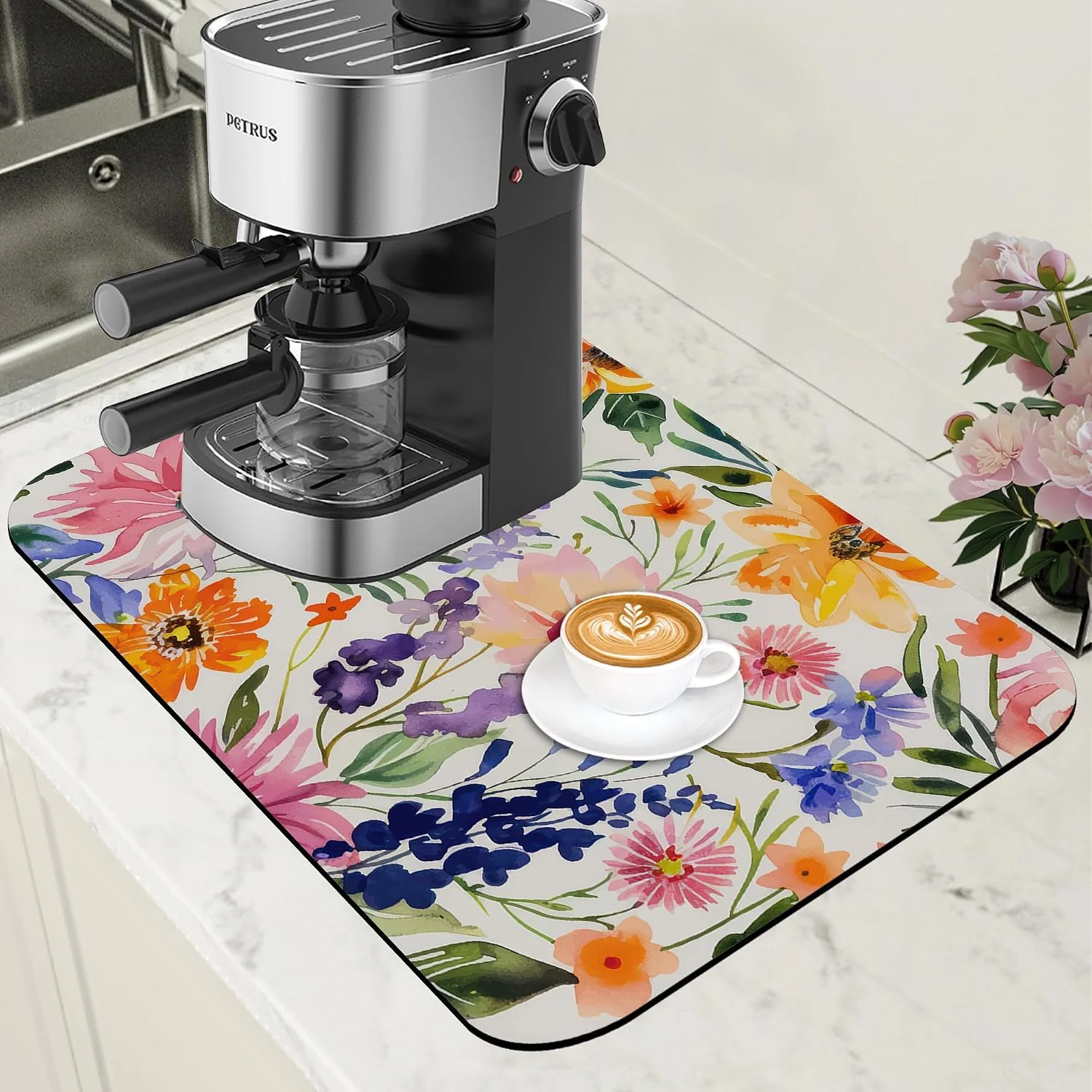 Breathable Dish Drying Mat Colorful Wildflowers Coffee Bar Mat for Countertop Absorbent Rubber Backed Hide Stain Dish Drainer Rack Pad Espresso Machine Cafe Table Dining Room Decoration 11.8 x 19.7 Inch Premium Material