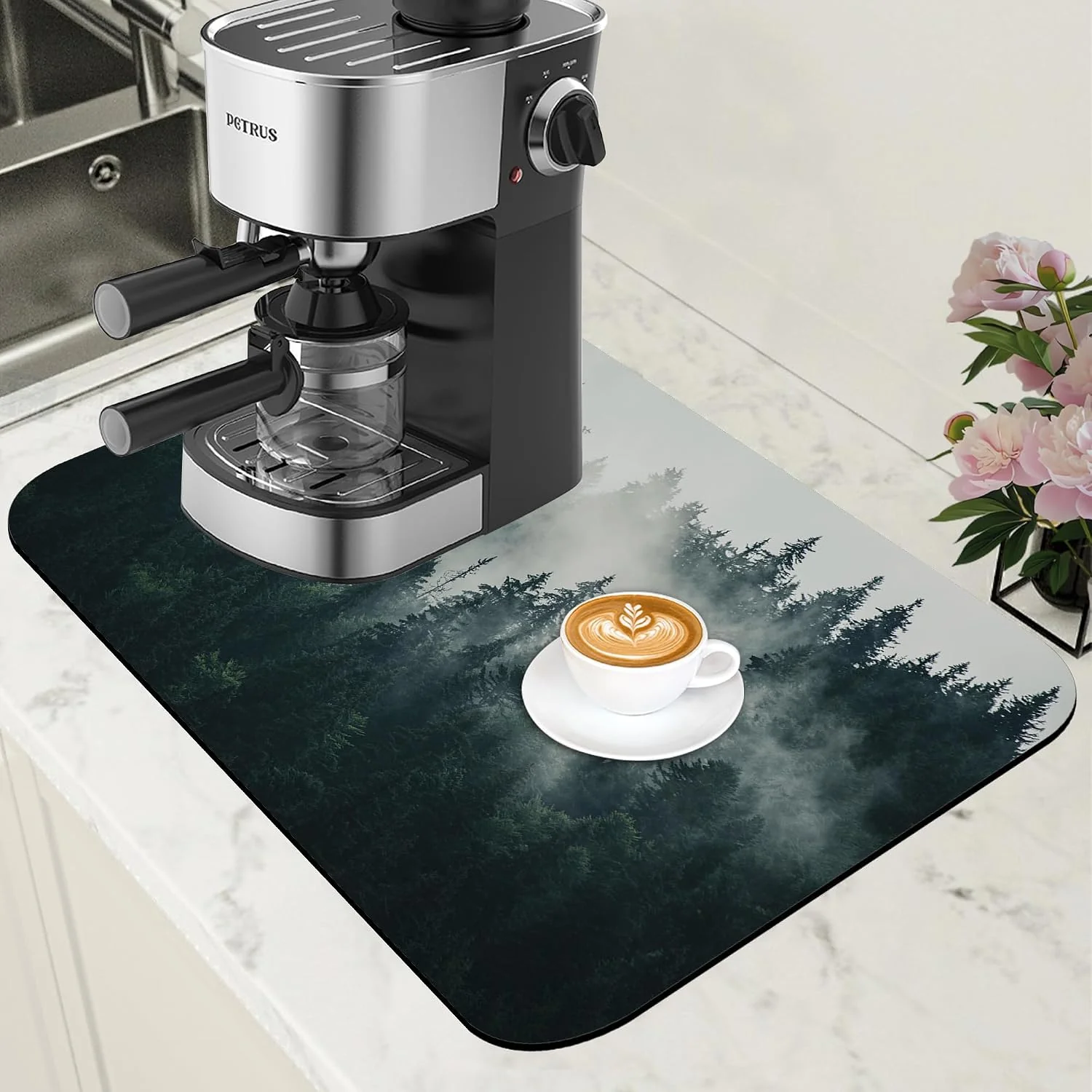 Unique Foggy Forest Coffee Mat Absorbent Dish Drying Mat for Kitchen Counter Hide Stain Rubber Backed Coffee Bar Accessories Fit Under Espresso Machine Dish Drainer 11.8 x 19.7 Inch Green