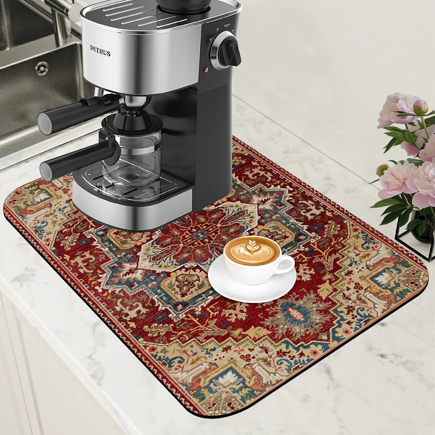Top-Quality Boho Dish Drying Mat Persian Tribal Coffee Bar Mat for Countertop Absorbent Rubber Backed Hide Stain Dish Drainer Rack Pad Coffee Maker Espresso Machine Dining Room Decoration 11.8 x 19.7 Inch Modern