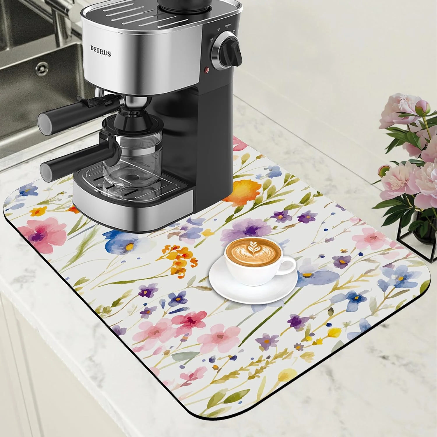 Secure Watercolor Floral Meadow Coffee Mat Absorbent Dish Drying Mat for Kitchen Counter Hide Stain Rubber Backed Coffee Bar Accessories Fit Under Espresso Machine Dish Drainer 11.8 x 19.7 Inch Contemporary