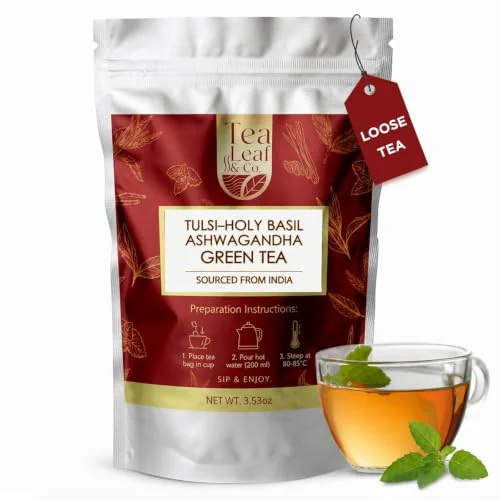 Official Tealeaf Co. Tulsi Holy Basil Ashwagandha Green Tea Loose Leaf with Lemon Peel 3.5274 Ounce Top-Quality