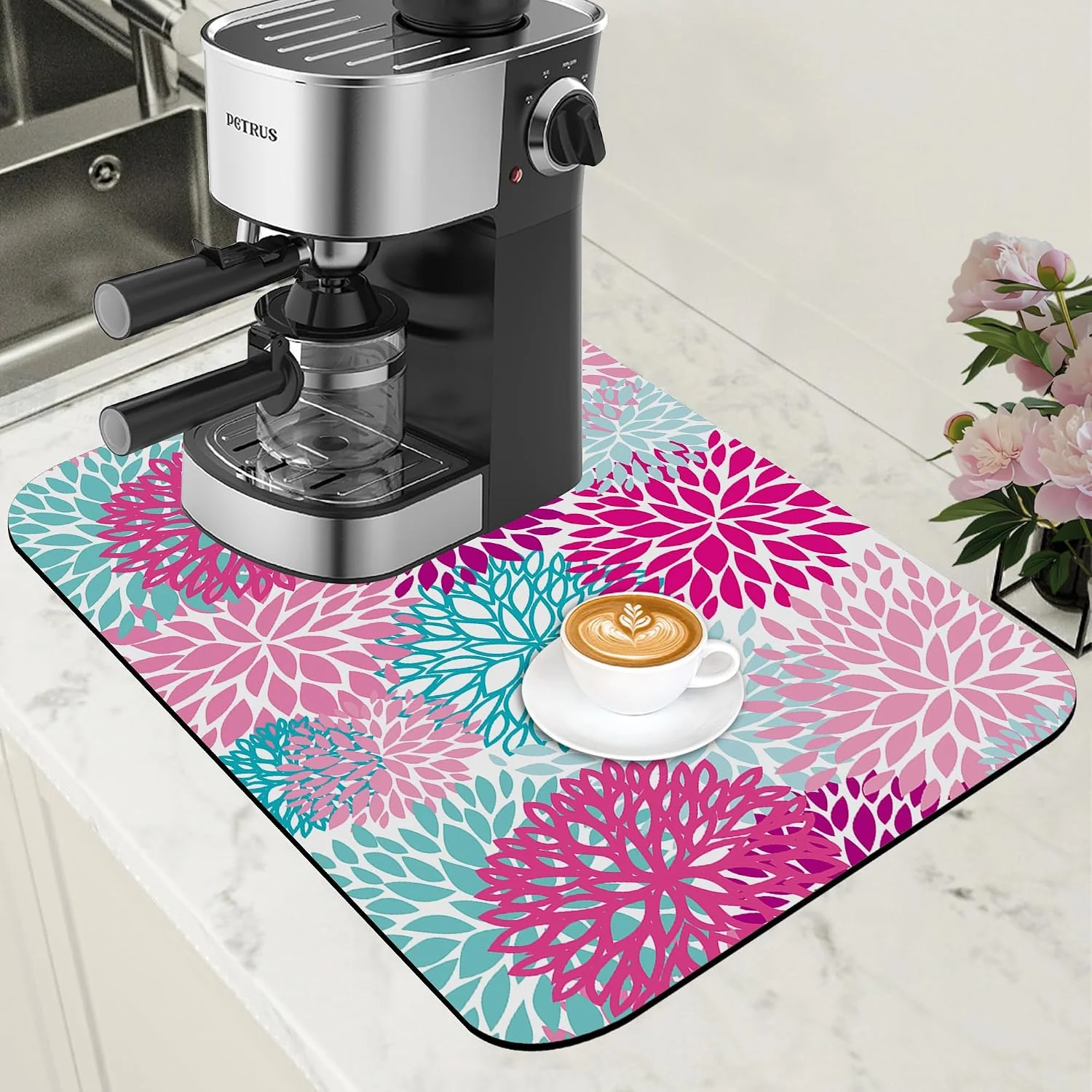 Exclusive Pink Blue Chrysanthemum Flowers Dish Drying Mat for Kitchen Counter Coffee Bar Mat Hide Stain Absorbent Rubber Backed Drying Rack Pad Espresso Machine Coffee Bar Accessories 11.8 x 19.7 Inch Excellent