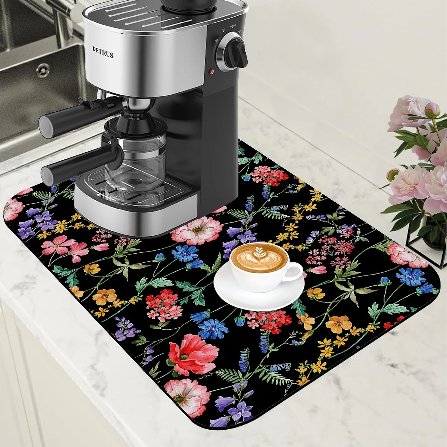 Healthy Beautiful Flowers Dish Drying Mat for Kitchen Counter Coffee Bar Mat Hide Stain Absorbent Rubber Backed Coffee Mat Coffee Maker Espresso Machine Coffee Bar Accessories 11.8 x 19.7 Inch Environmentally Friendly