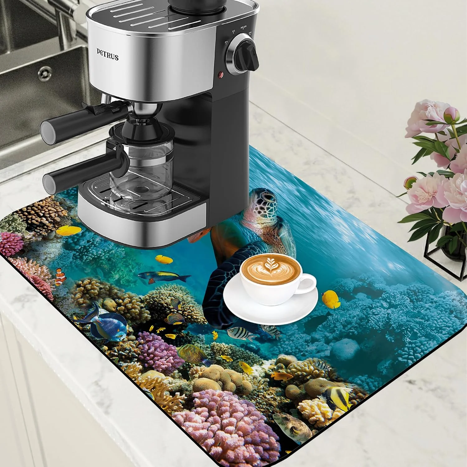 Clean Sea Turtle Coffee Mat Absorbent Dish Drying Mat for Kitchen Counter Hide Stain Rubber Backed Coffee Bar Accessories Fit Under Espresso Machine Dish Rack 15.7 x 23.6 Inch Easy-to-Use