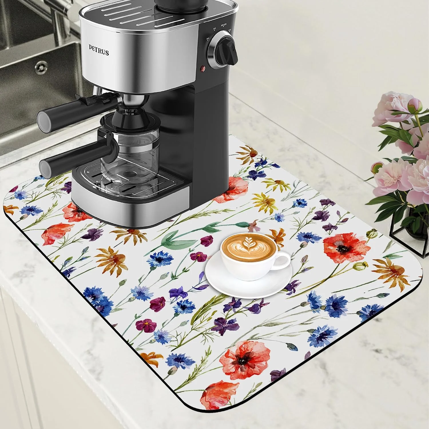 Recyclable Watercolor Flowers Coffee Mat Daisy Dish Drying Mat for Kitchen Counter Absorbent Hide Stain Rubber Backed Coffee Bar Accessories Fit Under Espresso Machine Dish Drainer 11.8 x 19.7 Inch Natural