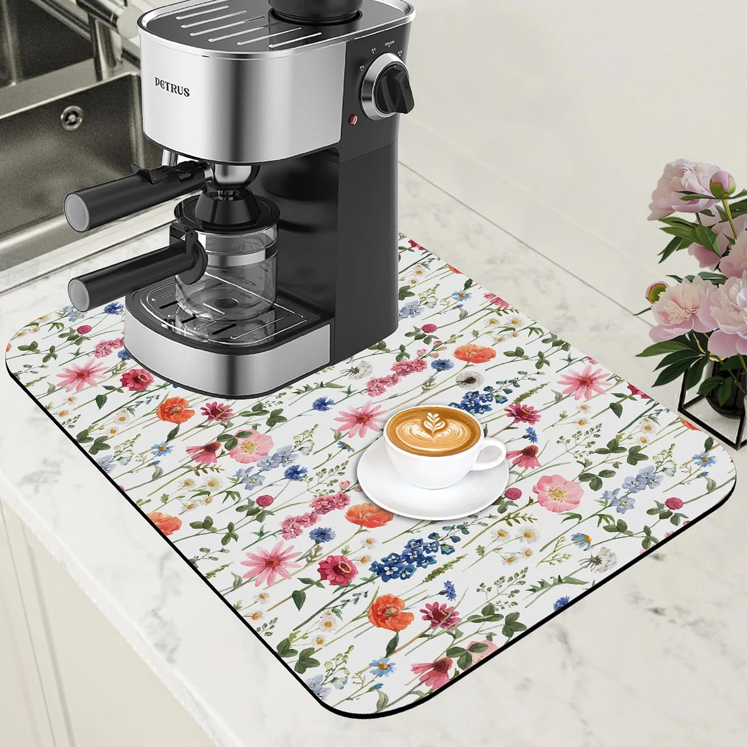 High-Performance Watercolor Flowers Coffee Mat Absorbent Dish Drying Mat for Kitchen Counter Hide Stain Rubber Backed Coffee Bar Accessories Fit Under Espresso Machine Dish Rack 11.8 x 19.7 Inch Functional