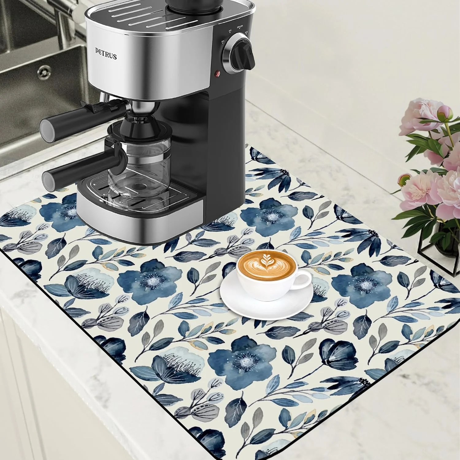 Professional Blue Flowers Dish Drying Mat for Kitchen Counter Coffee Bar Mat Hide Stain Absorbent Coffee Mat with Non-Slip Rubber Backed Coffee Maker Espresso Machine Coffee Bar Accessories 15.7 x 23.6 Inch Quality