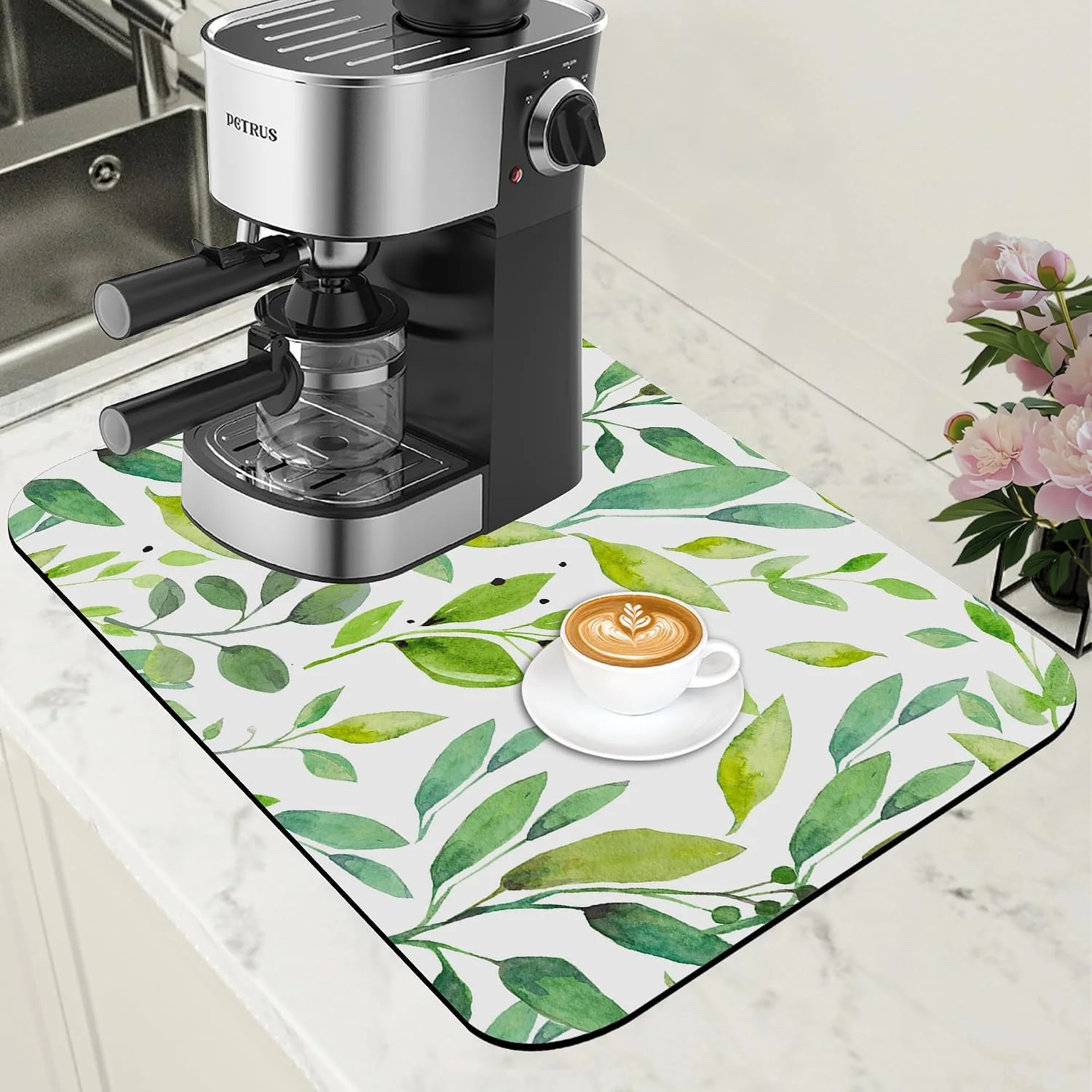 High-Quality Dish Drying Mat Watercolor Green Leaves Coffee Bar Mat for Countertop Absorbent Hide Stain Rubber Backed Dish Drainer Rack Pad Espresso Machine Cafe Table Decor 11.8 x 19.7 Inch Easy-to-Use