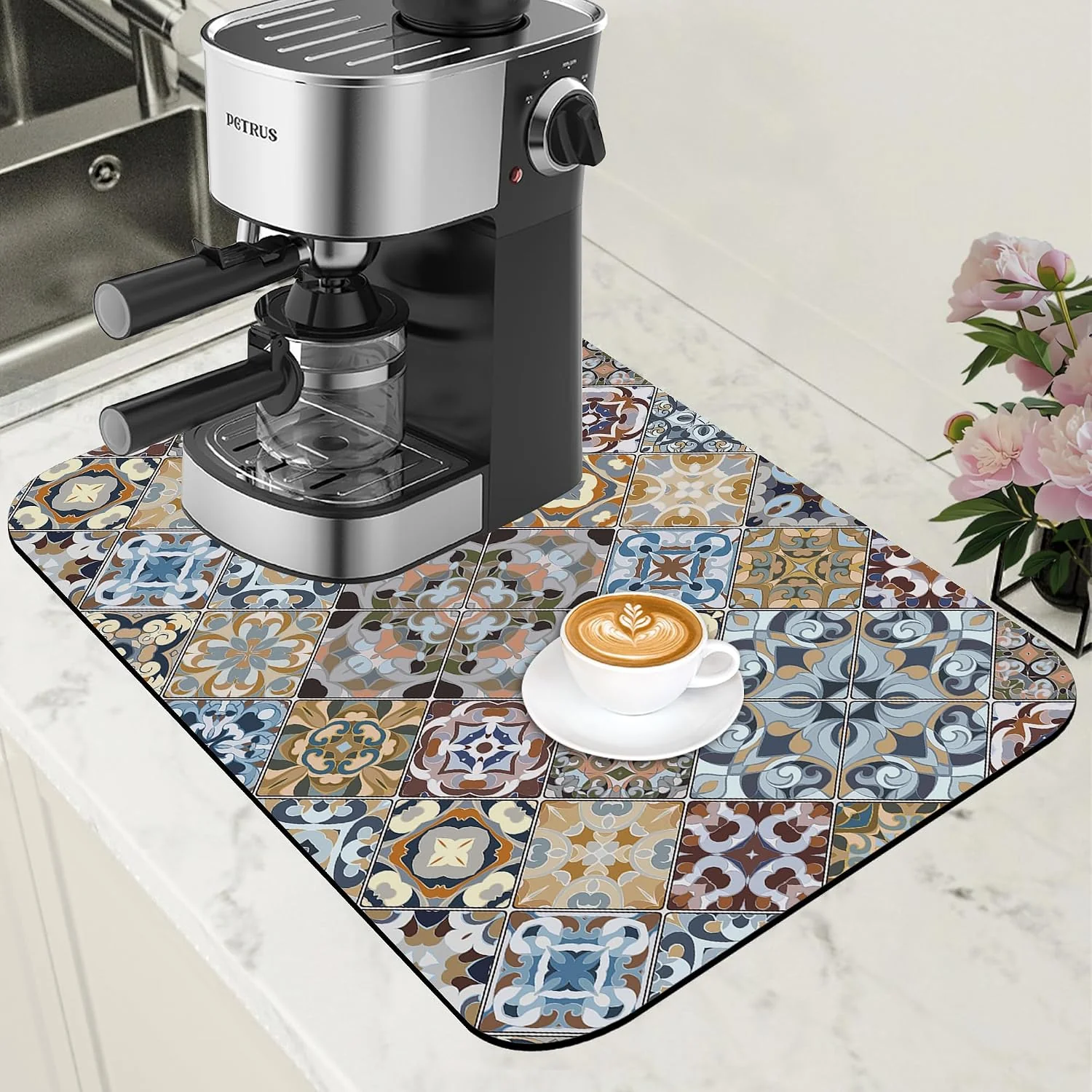 Luxury Retro Colorful Tiles Dish Drying Mat for Kitchen Counter Floral Coffee Mat Hide Stain Absorbent Drying Rack Pad with Rubber Backed Espresso Machine Coffee Bar Accessories 11.8 x 19.7 Inch Natural
