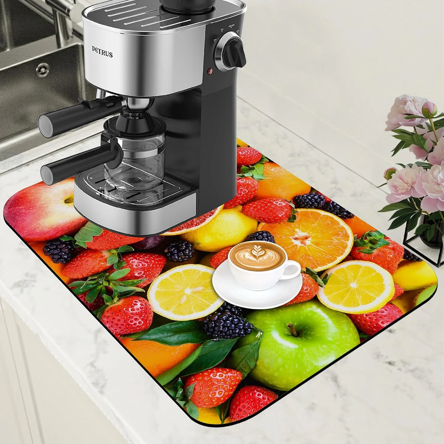 Original Design Fresh Fruits Dish Drying Mat for Kitchen Counter Coffee Bar Mat Hide Stain Absorbent Non-Slip Rubber Backed Drying Rack Pad Espresso Machine Coffee Bar Accessories 11.8 x 19.7 Inch Powerful