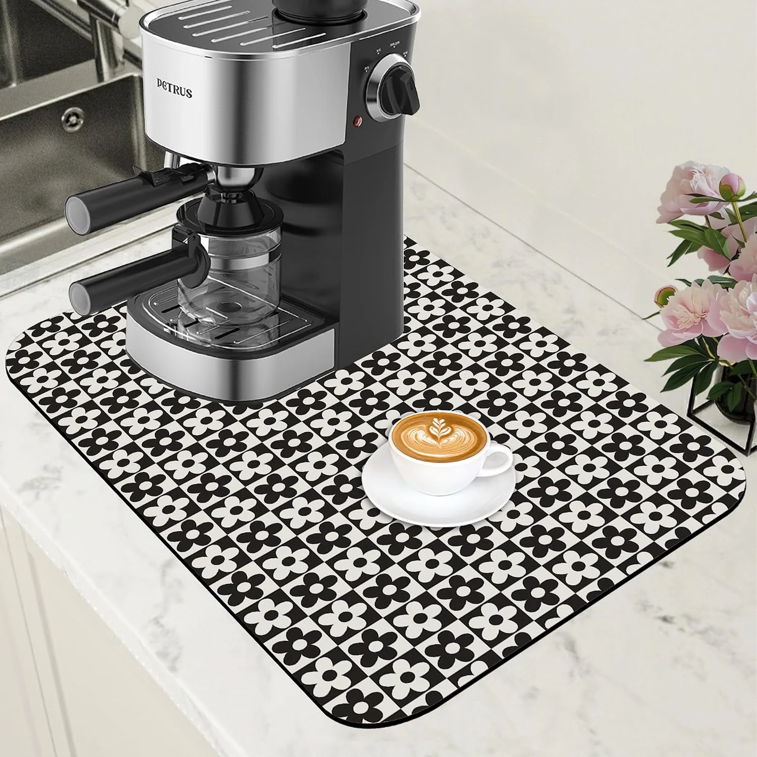 Refined Black and White Checkered Flower Dish Drying Mat for Kitchen Counter Absorbent Coffee Bar Mat with Hide Stain Rubber Backed Coffee Maker Espresso Machine Cafe Table Accessories 11.8 x 19.7 Inch Contemporary