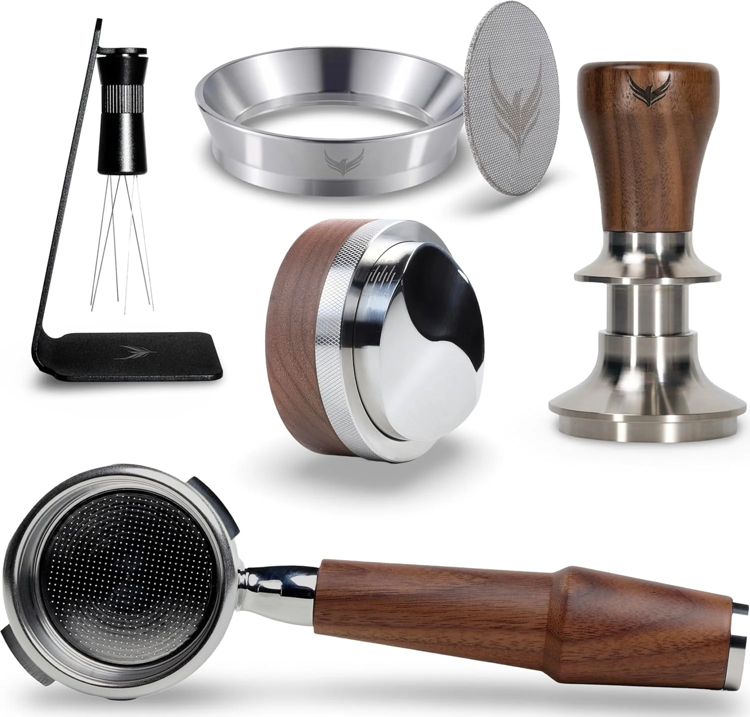 Detailed Walnut Espresso Accessories Set 58mm for Gaggia Bottomless Portafilter Calibrated Tamper Distribution Tool Wdt Dosing Cone and Puck Screen Original