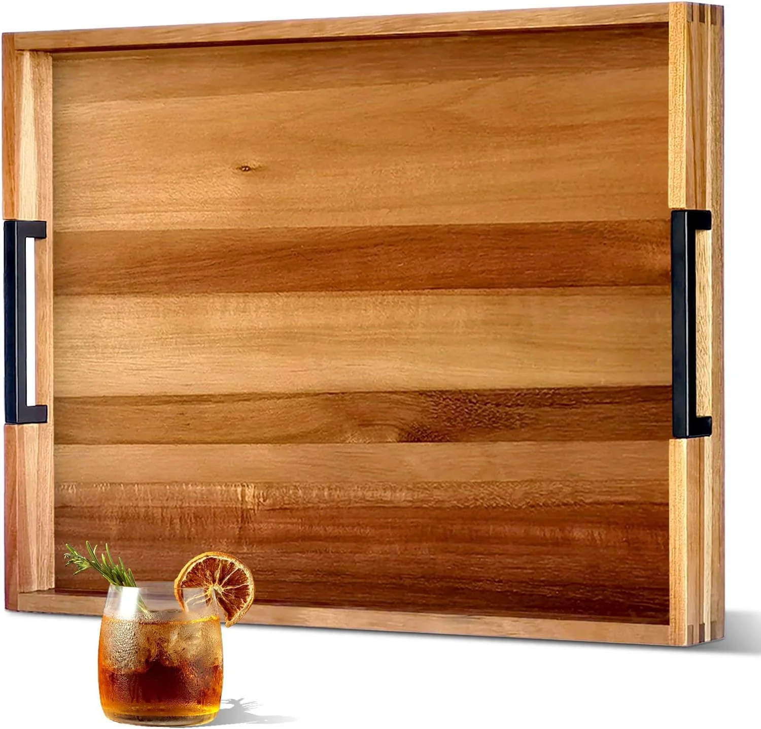 Reusable 22-in Acacia Wooden Serving Tray with Black Metal Handles Large Decorative Wooden Tray for Living Room Kitchen Coffee Table Couch Bed Premium