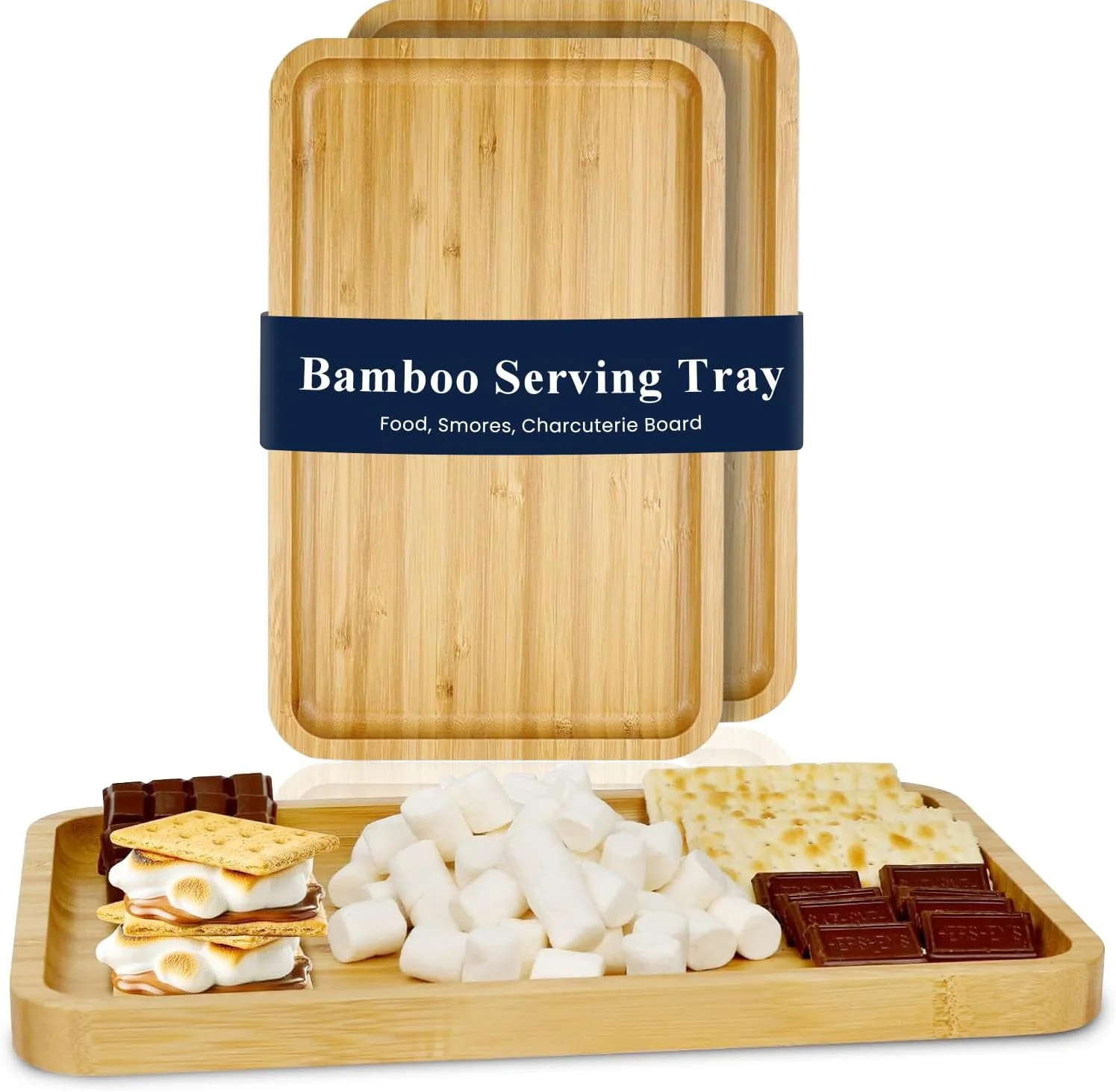 Modern Bamboo Serving Tray 2 Pack – Trays for Serving Food in Bed Couch Kitchen or Patio – Rectangular Wooden Platters for Meals Snacks or Decor Minimalist