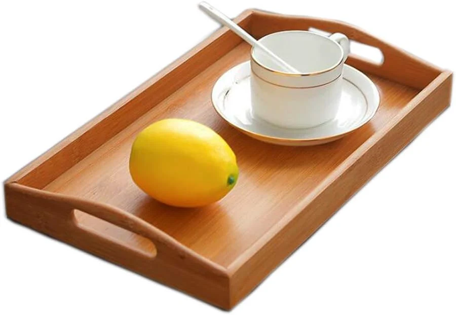 Optimized Bamboo Serving Tray with Handles Tabletop Countertop Tea Coffee Breakfast Tray Organizer Storage Container for Kitchen Bedroom Living Room Office Dining Room Bar 12.4 x 7.2 x 1.1 Inch Versatile