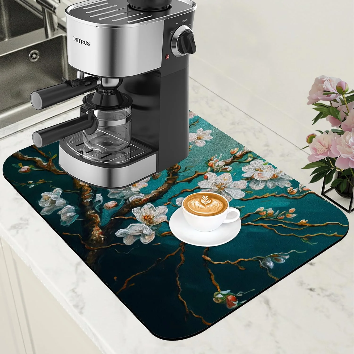 Clean Blossoming Almond Tree Dish Drying Mat for Kitchen Counter Hide Stain Absorbent Drying Rack Pad Rubber Backed Coffee Mat Espresso Machine Coffee Bar Accessories 11.8 x 19.7 Inch Environmentally Friendly