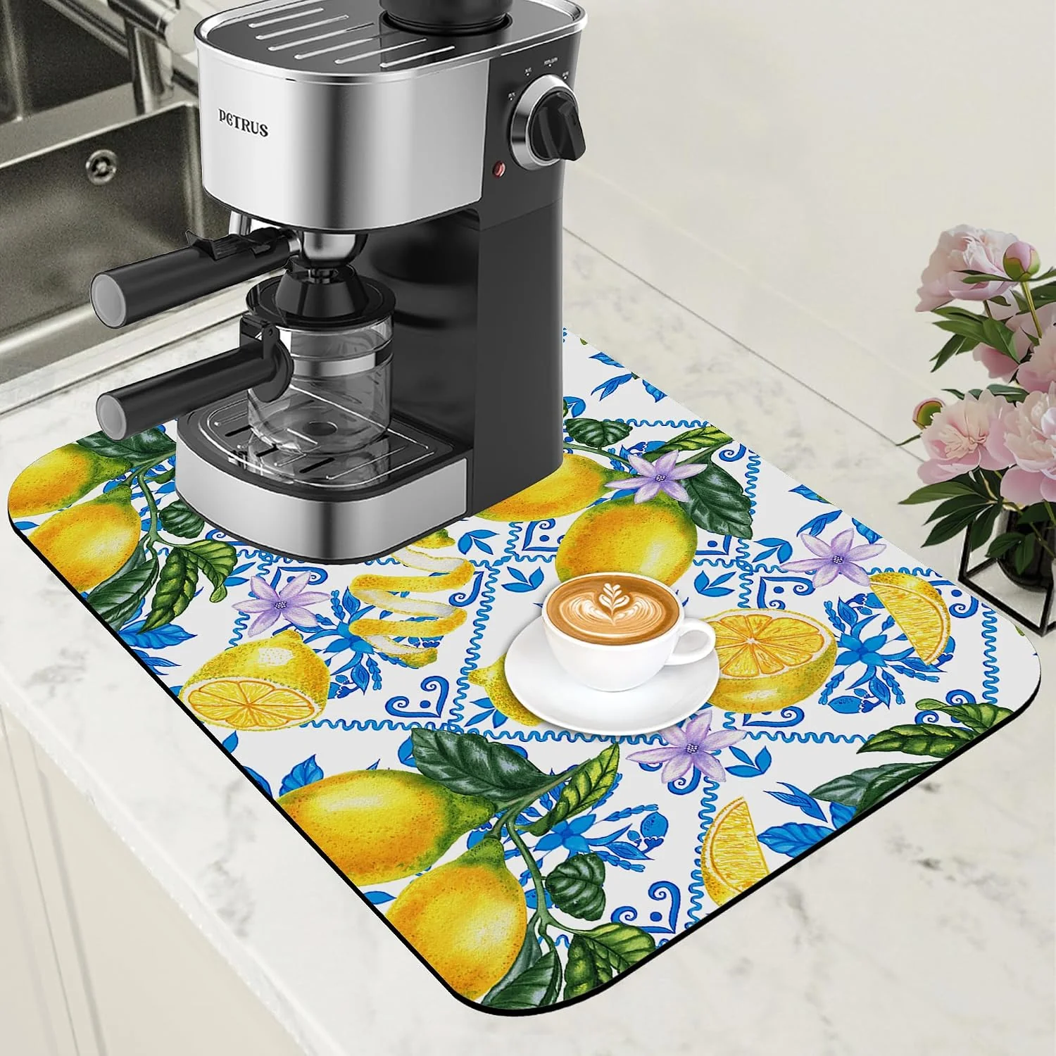 Organic Lemon Fruit and Purple Flower Coffee Mat Absorbent Dish Drying Mat for Kitchen Counter Hide Stain Rubber Backed Coffee Bar Accessories Fit Under Espresso Machine Dish Drainer 11.8 x 19.7 Inch Premium
