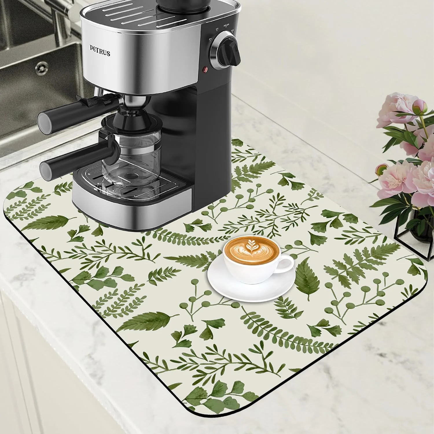 Pure Green Leaf Coffee Mat Herb Dish Drying Mat for Kitchen Counter Hide Stain Rubber Backed Absorbent Coffee Bar Accessories Fit Under Espresso Machine Cafe Table 11.8 x 19.7 Inch Clean