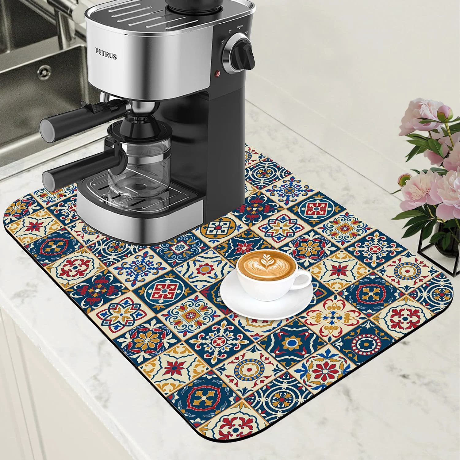 High-End Dish Drying Mat Moroccan Tile Coffee Bar Mat for Countertop Absorbent Rubber Backed Hide Stain Dish Drainer Rack Pad Coffee Maker Espresso Machine Dining Room Decoration 11.8 x 19.7 Inch Breathable