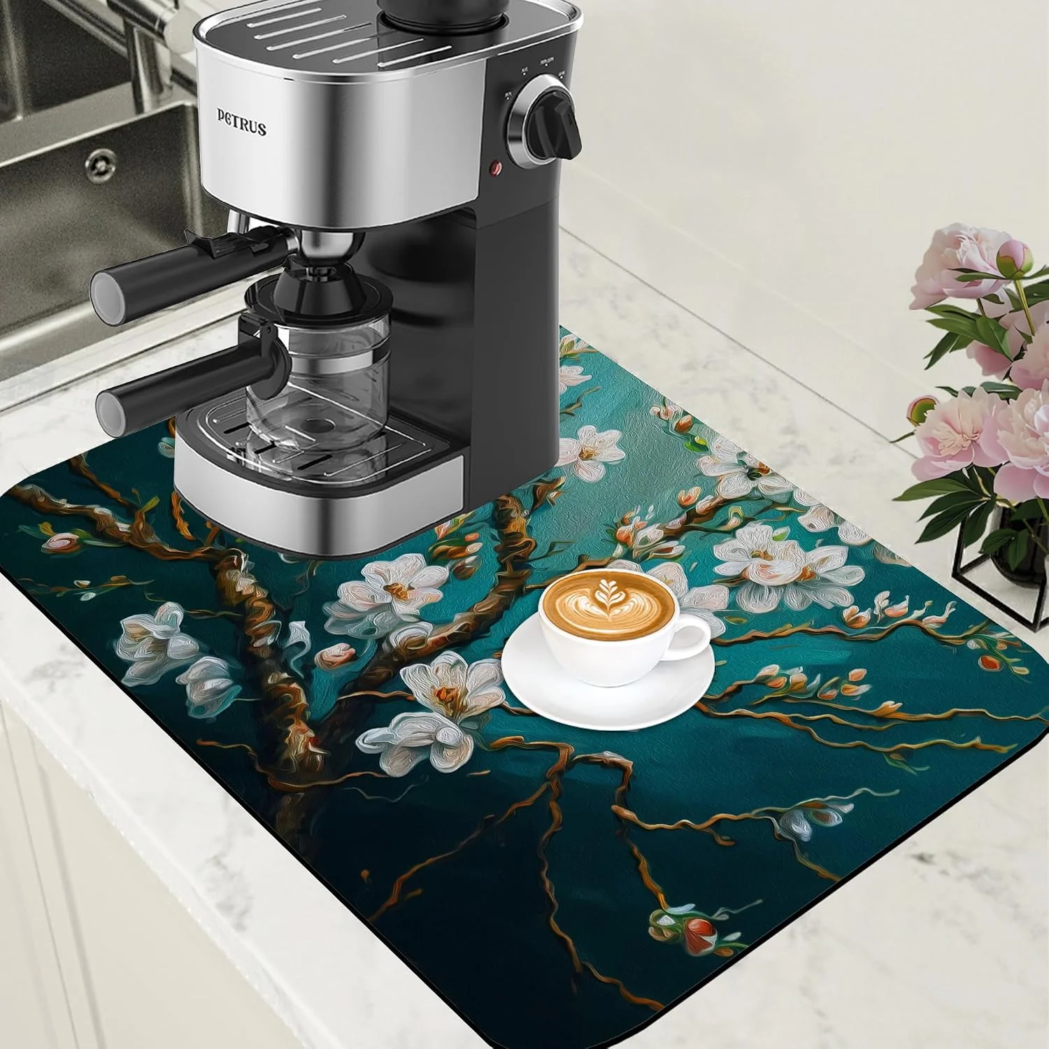 Breathable Blossoming Almond Tree Dish Drying Mat for Kitchen Counter Bar Mat Hide Stain Absorbent Rubber Backed Coffee Mat Coffee Maker Espresso Machine Bar Accessories 15.7 x 23.6 Inch High-Quality