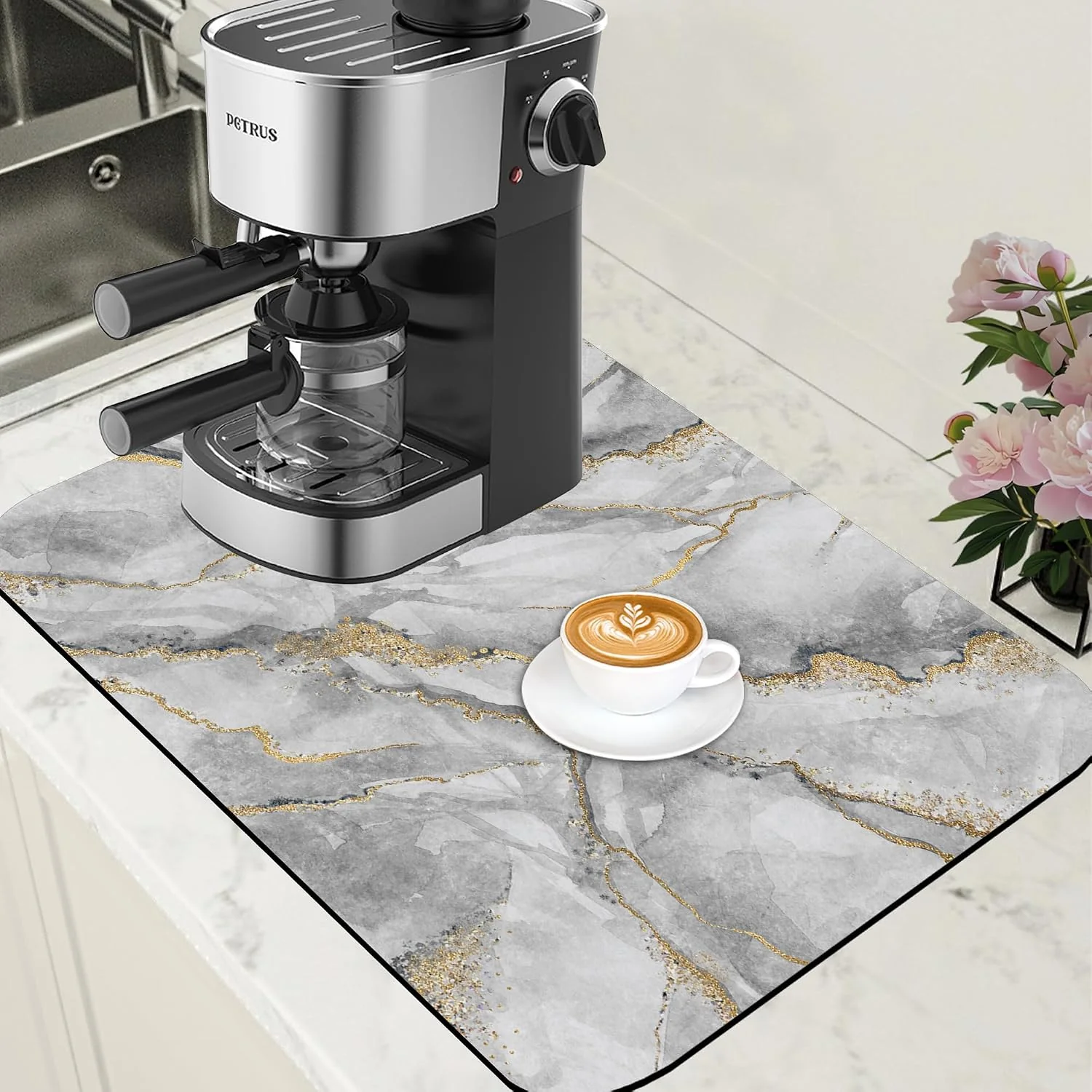 Reliable White and Gold Marble Dish Drying Mat for Kitchen Counter Absorbent Hide Stain Coffee Mat Rubber Backed Dish Drainer Rack Pad Espresso Machine Coffee Bar Accessories 15.7 x 23.6 Inch Premium