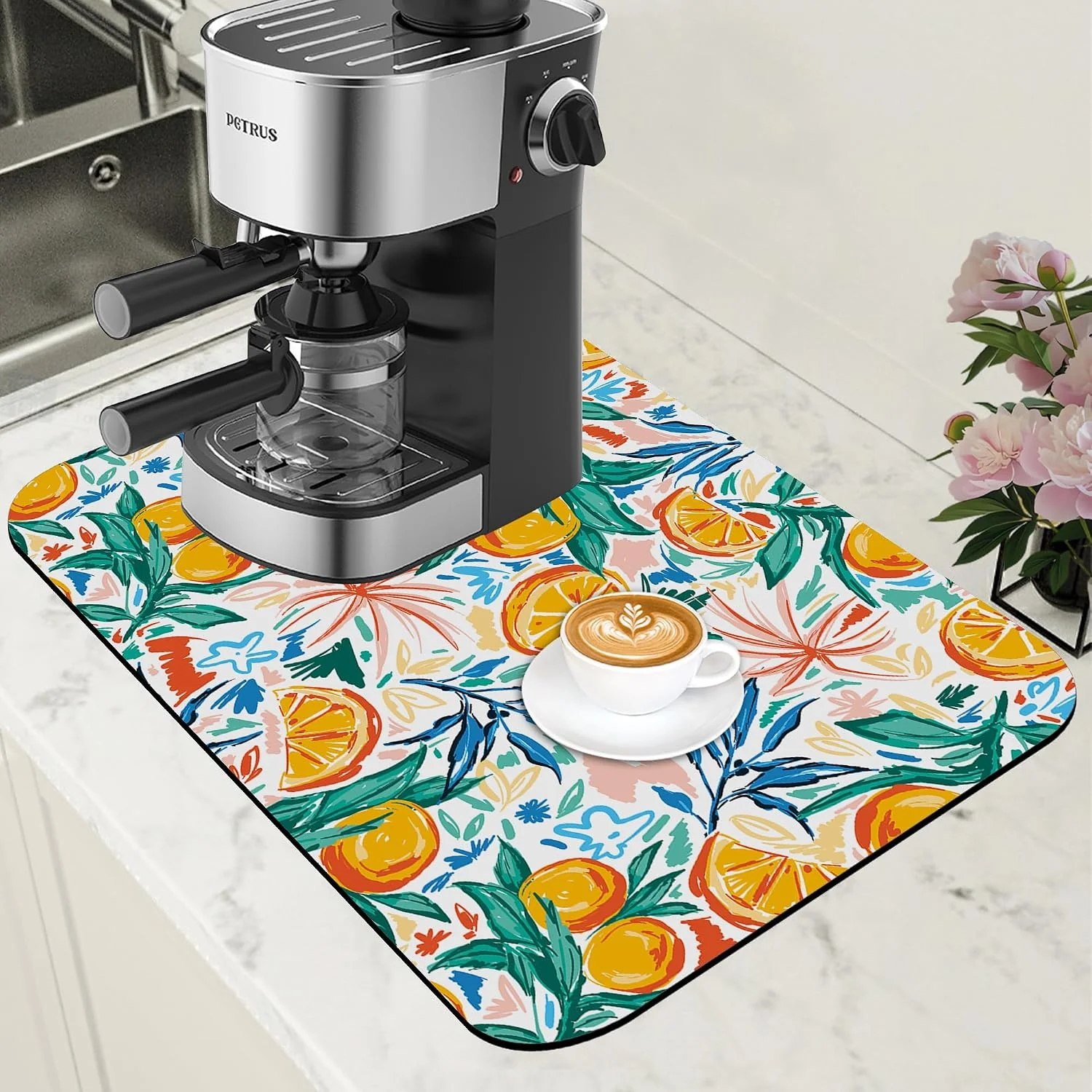 Durable Dish Drying Mat Fruit Orange and Leaves Coffee Bar Mat for Countertop Absorbent Coffee Mat Rubber Backed Hide Stain Dish Drainer Rack Mat Coffee Maker Coffee Pot Dining Room Decor 11.8 x 19.7 Inch Green