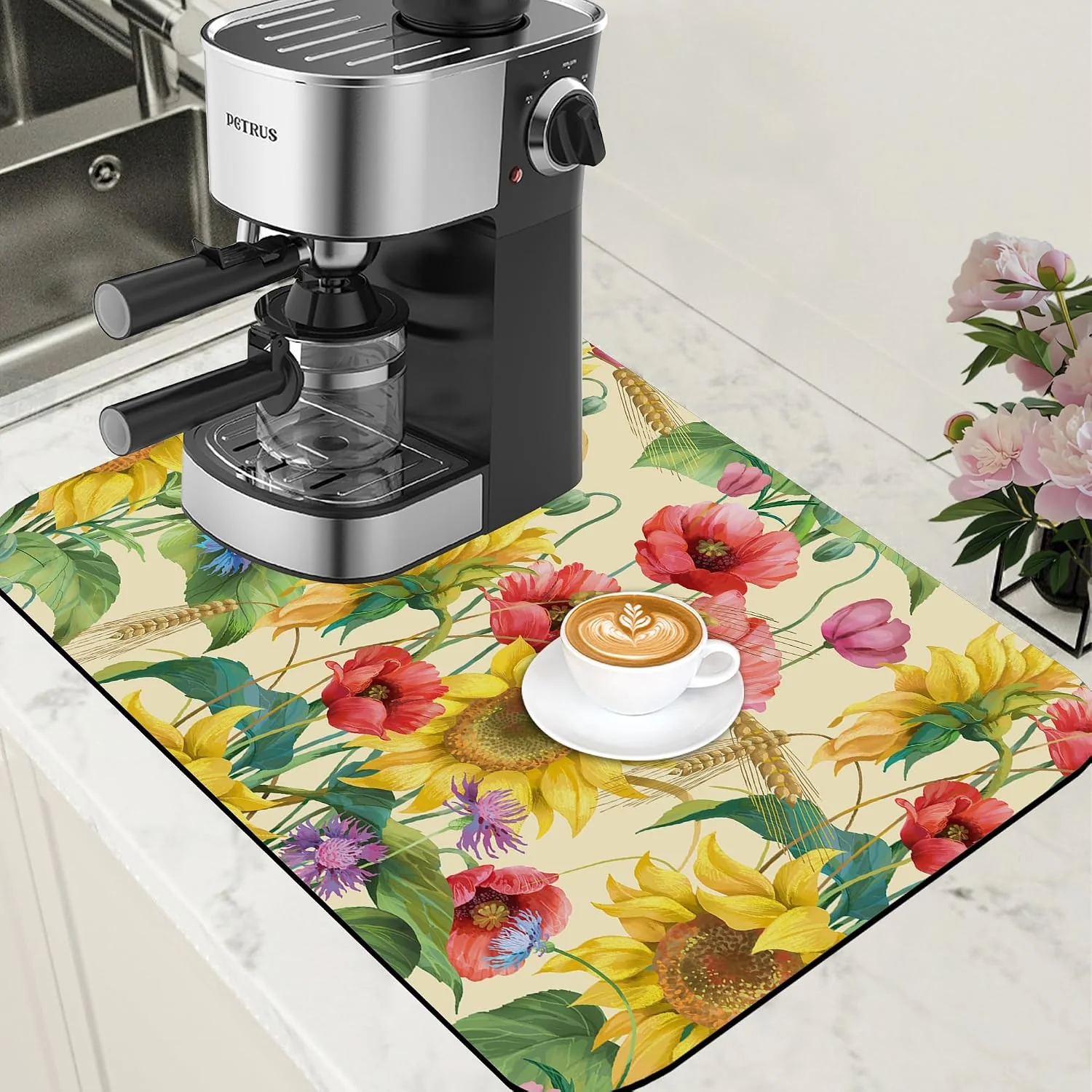 Breathable Yellow Sunflower Cornflower Coffee Mat Absorbent Dish Drying Mat for Kitchen Counter Hide Stain Rubber Backed Coffee Bar Accessories Fit Under Espresso Machine 15.7 x 23.6 Inch Premium