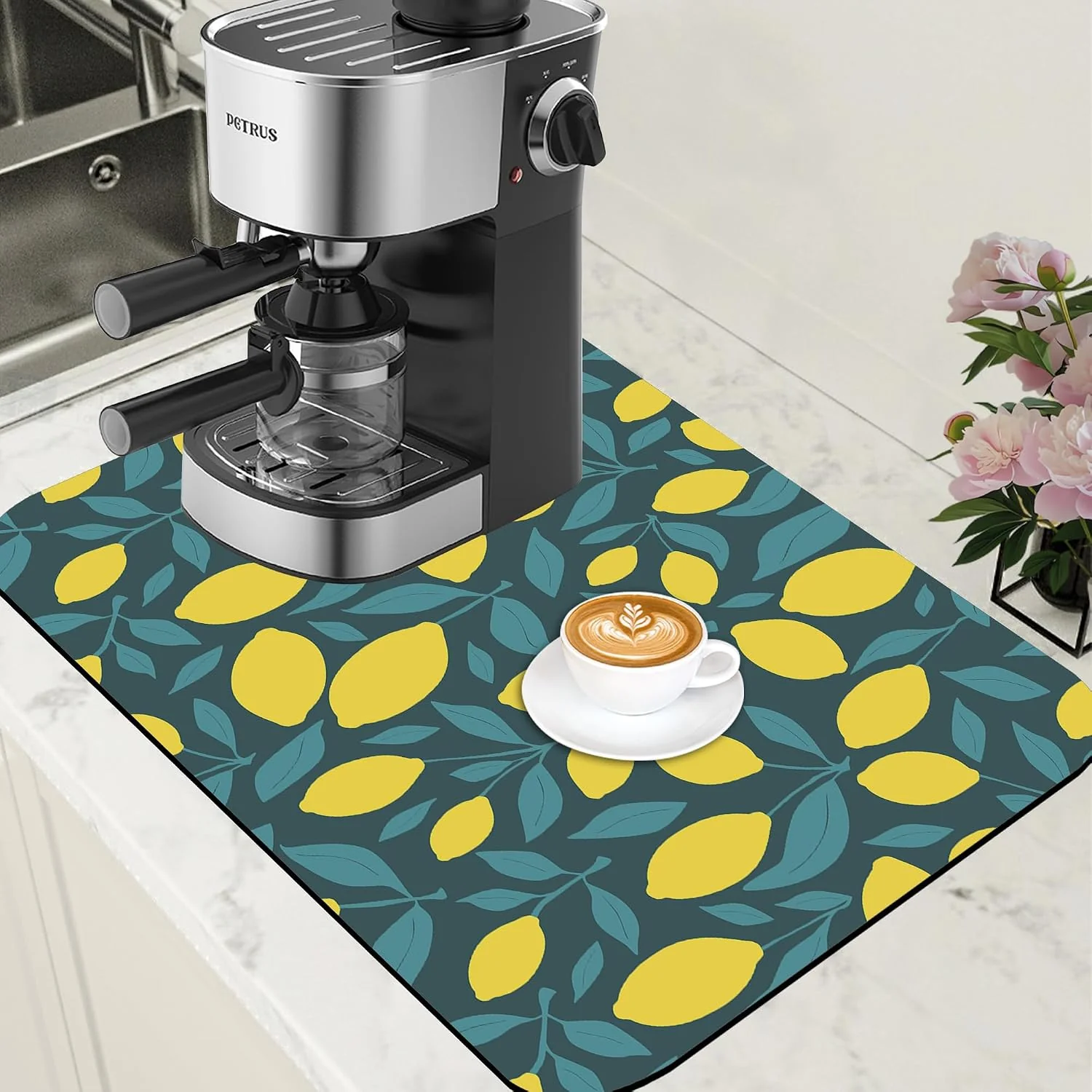 Elegant Yellow Lemon and Leaves Coffee Mat Absorbent Dish Drying Mat for Kitchen Counter Hide Stain Rubber Backed Coffee Bar Accessories Fit Under Espresso Machine 15.7 x 23.6 Inch High-Quality