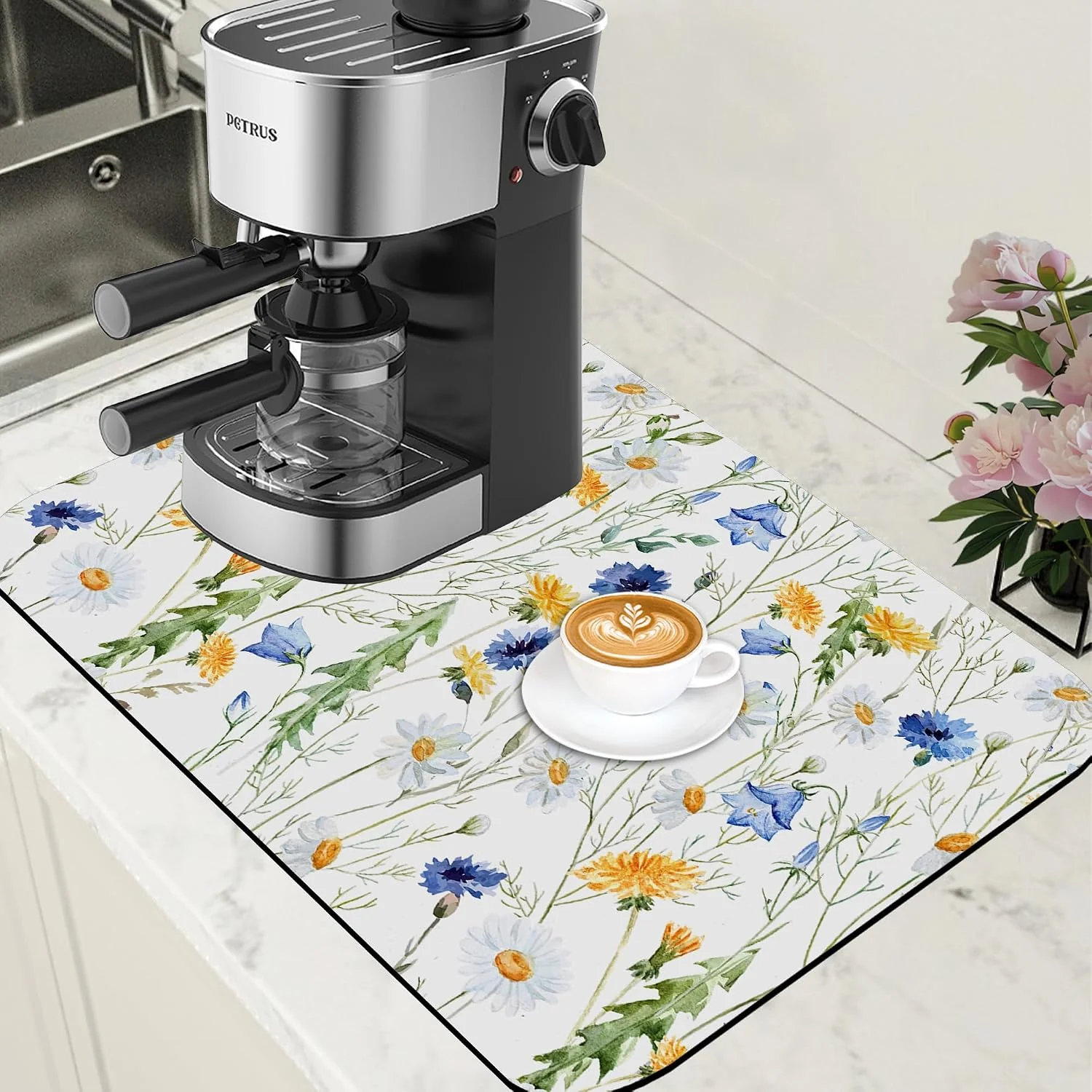 Exceptional Watercolor Wildflower Dish Drying Mat for Kitchen Counter Coffee Mat Hide Stain Absorbent Rubber Backed Drying Rack Pad Espresso Machine Coffee Bar Accessories 15.7 x 23.6 Inch Eco-Friendly
