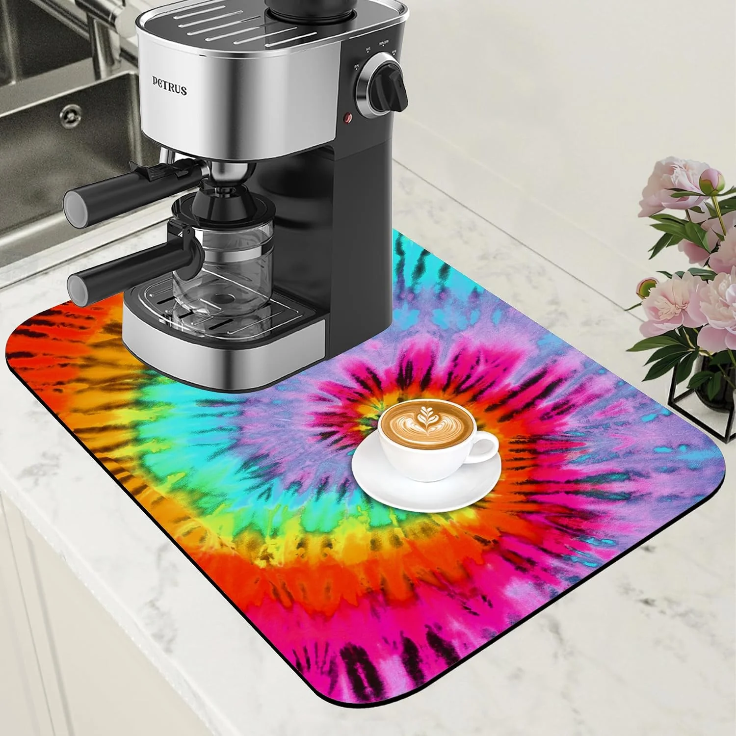 Durable Dish Drying Mat Colorful Tie Dye Coffee Bar Mat for Countertop Absorbent Rubber Backed Hide Stain Dish Drainer Rack Pad Coffee Maker Espresso Machine Dining Room Decoration 11.8 x 19.7 Inch Quality