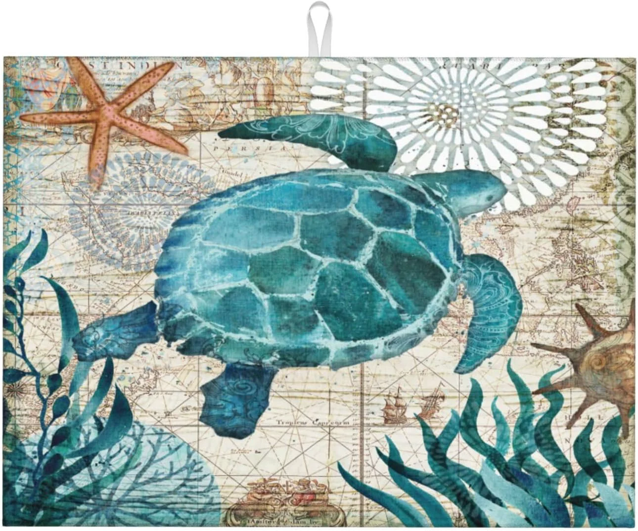 Classic Ocean Sea Turtle Dish Drying Mat for Kitchen Counter 18×24 in Retro Map Microfiber Drying Mats Absorbent Reversible Dish Pad Large Dish Draining Mat Functional