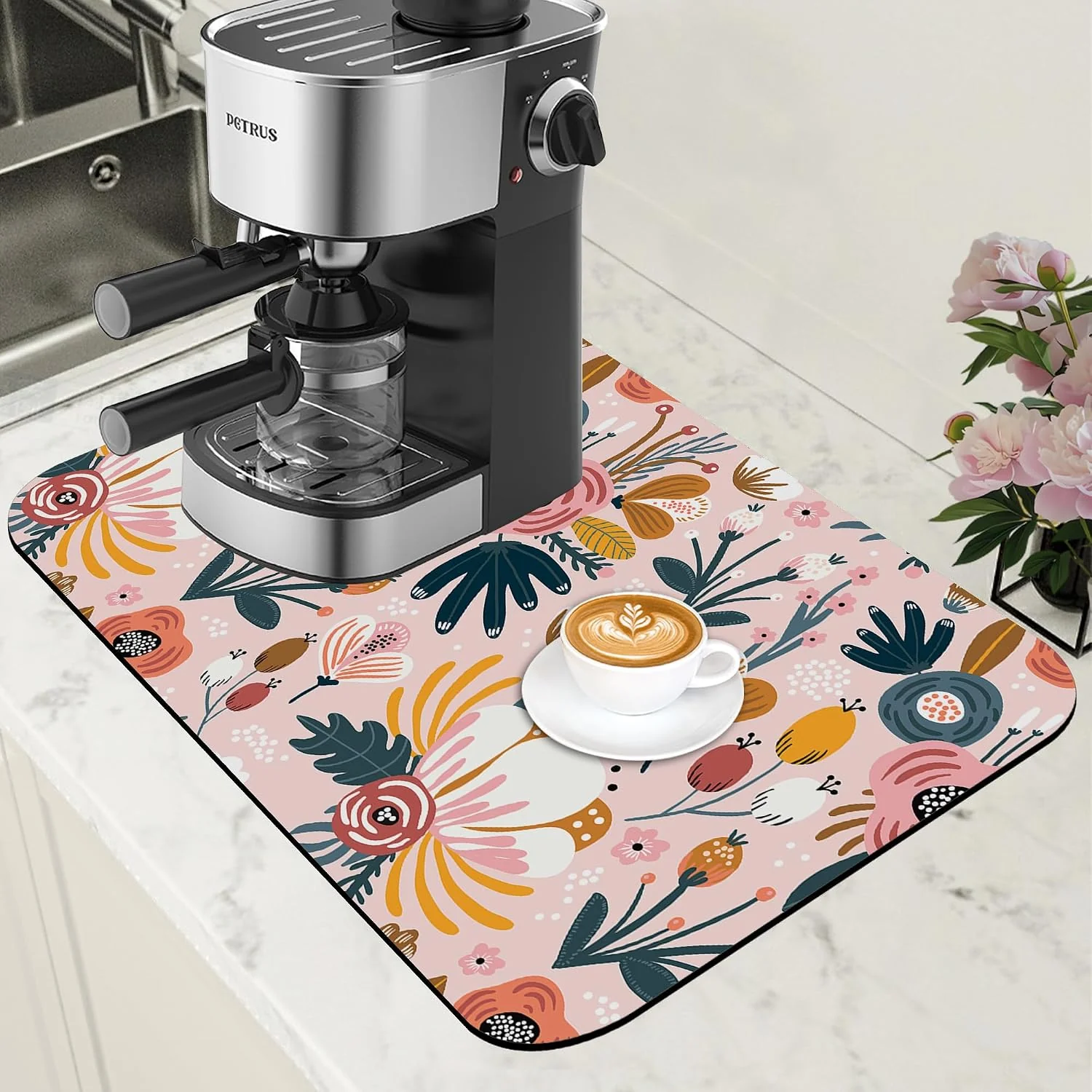 Premium Material Dish Drying Mat Pink Flowers Berries Leaves Coffee Bar Mat for Countertop Absorbent Hide Stain Rubber Backed Dish Drainer Rack Pad Espresso Machine Dining Room Decor 11.8 x 19.7 Inch Original