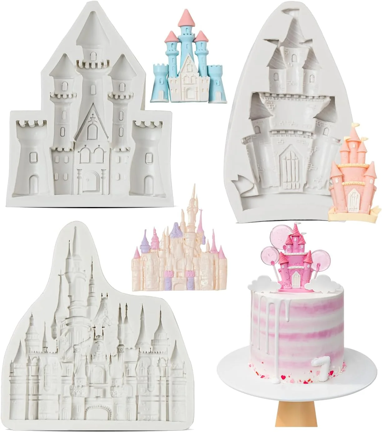 Original Kalaien Castle Silicone Mold 3Pcs Set Castle Cake Fondant Molds Princess Chocolate Molds Castle Silicone Mirror Mould for Cake Decorating FTM5036 First-Class