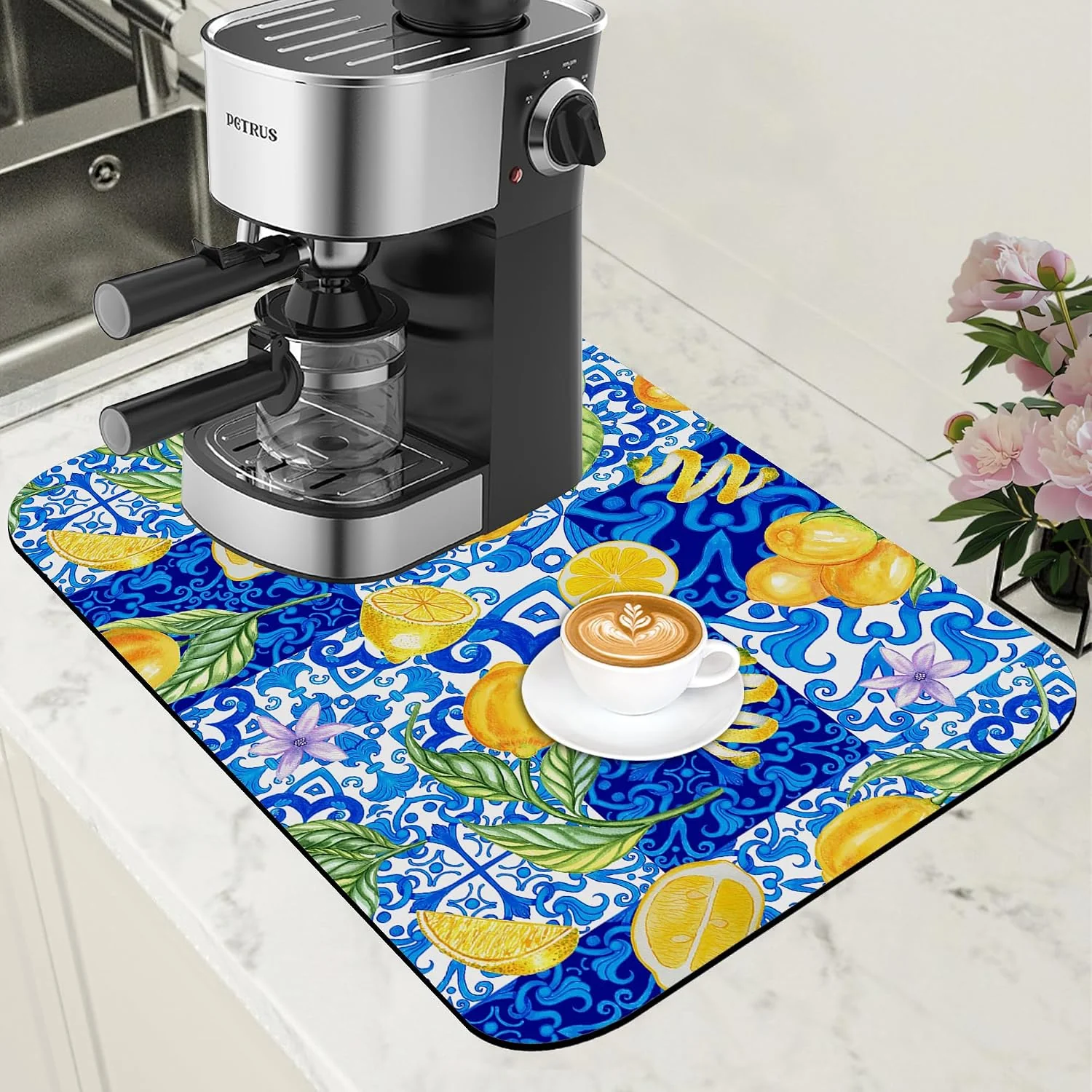 Functional Lemon and Blue Tile Dish Drying Mat for Kitchen Counter Coffee Bar Mat Hide Stain Absorbent Rubber Backed Drying Rack Pad Espresso Machine Coffee Bar Accessories 11.8 x 19.7 Inch Organic